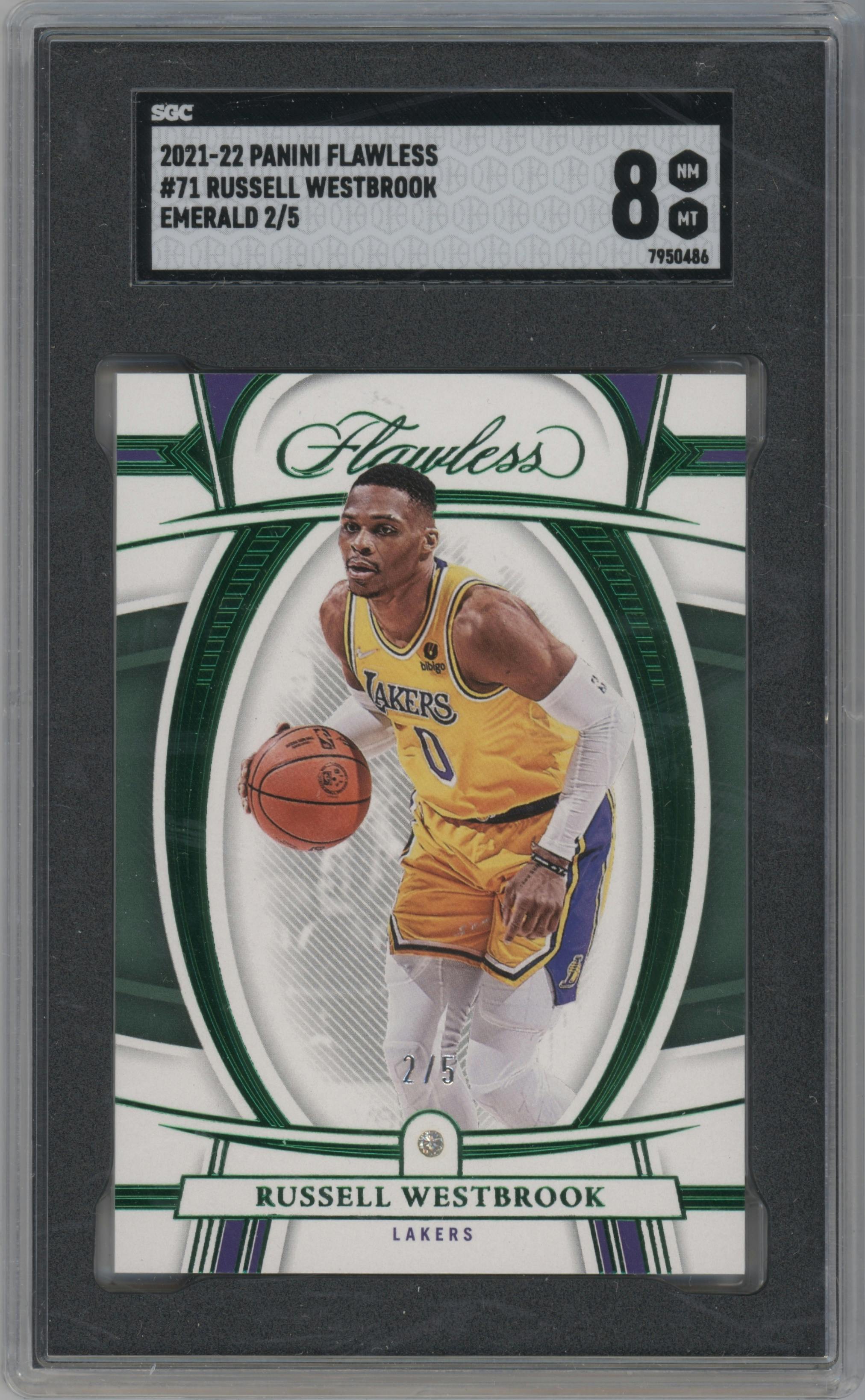 Russell Westbrook from the 2021-22 Panini Flawless set featuring a Emerald parallel graded by SGC and given an overall grade of 8.