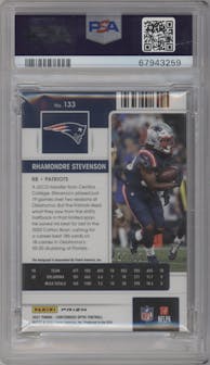 Rhamondre Stevenson from the 2021 Panini Contenders Optic set featuring a Cracked Ice parallel graded by PSA and given an overall grade of 9.