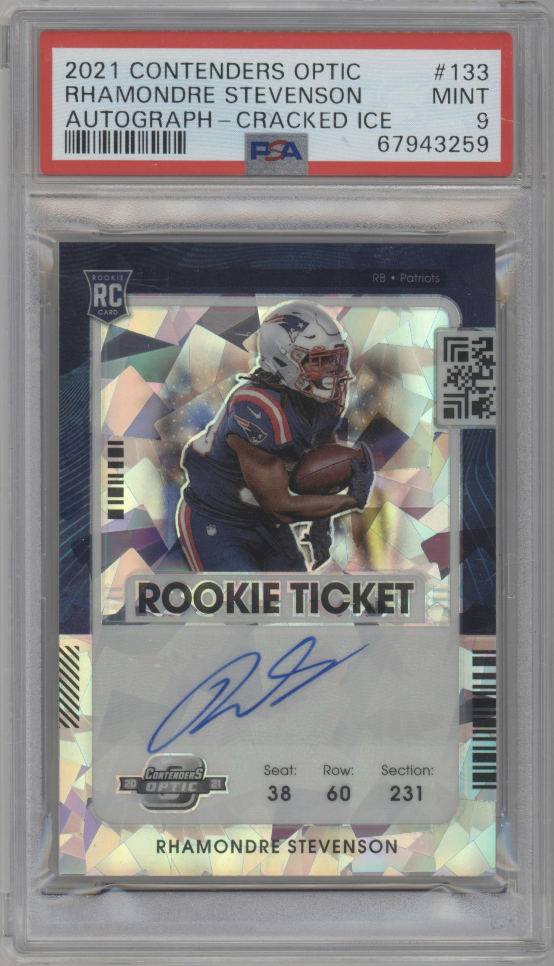 Rhamondre Stevenson from the 2021 Panini Contenders Optic set featuring a Cracked Ice parallel graded by PSA and given an overall grade of 9.