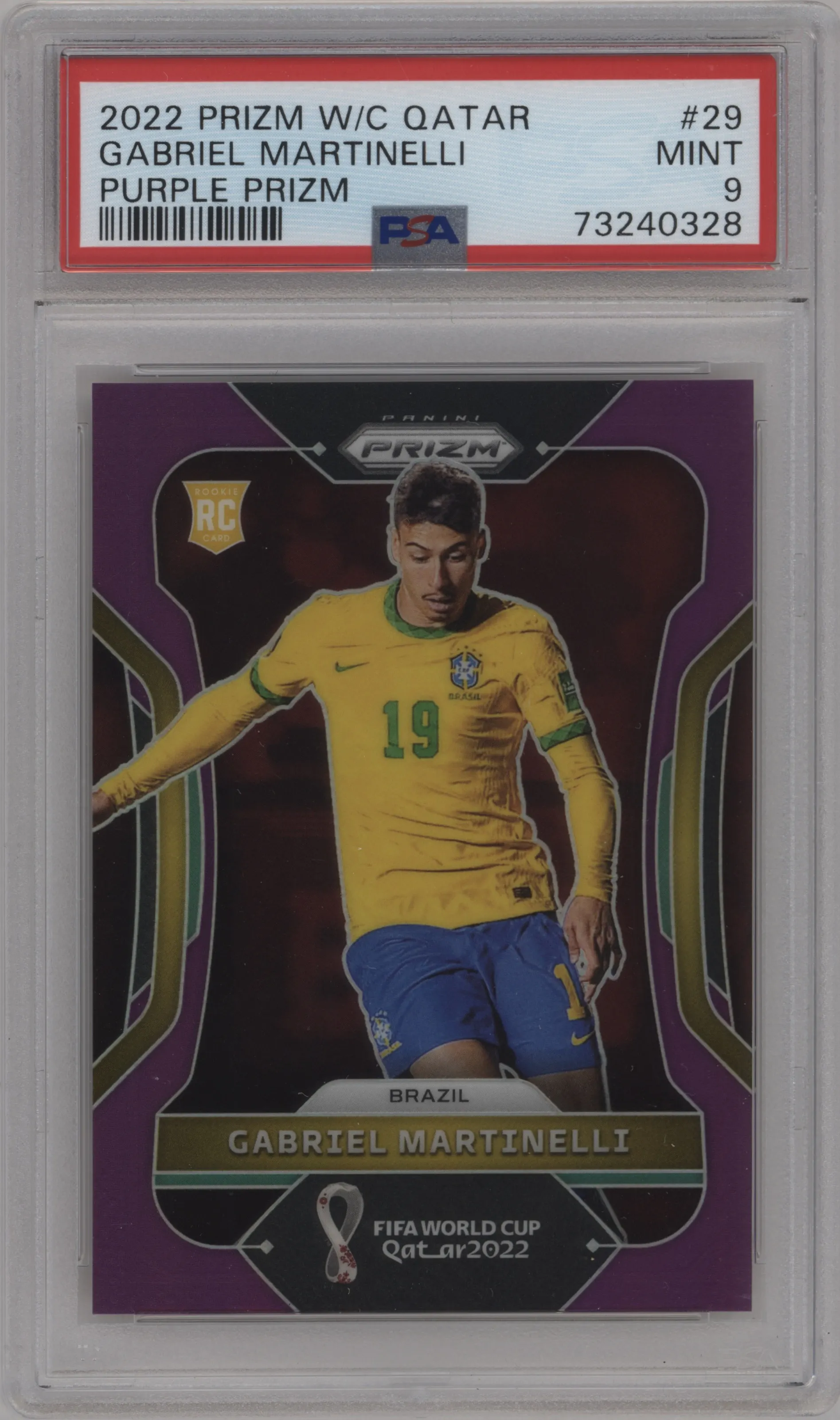2022 Panini Prizm FIFA WC Qatar Gabriel Martinelli Purple Prizm #29 PSA 9