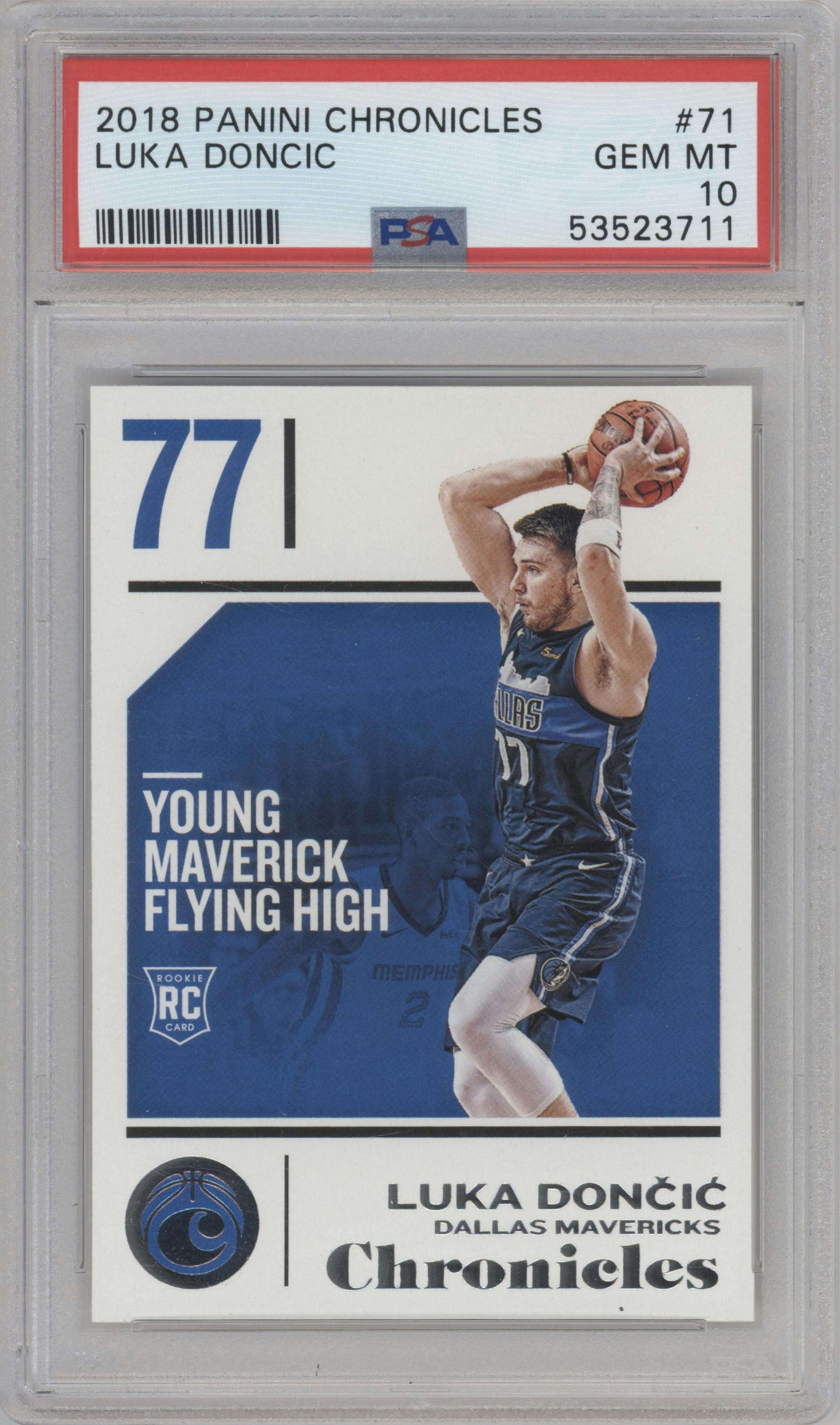Luka Doncic from the 2018-19 Panini Chronicles set graded by PSA and given an overall grade of 10.