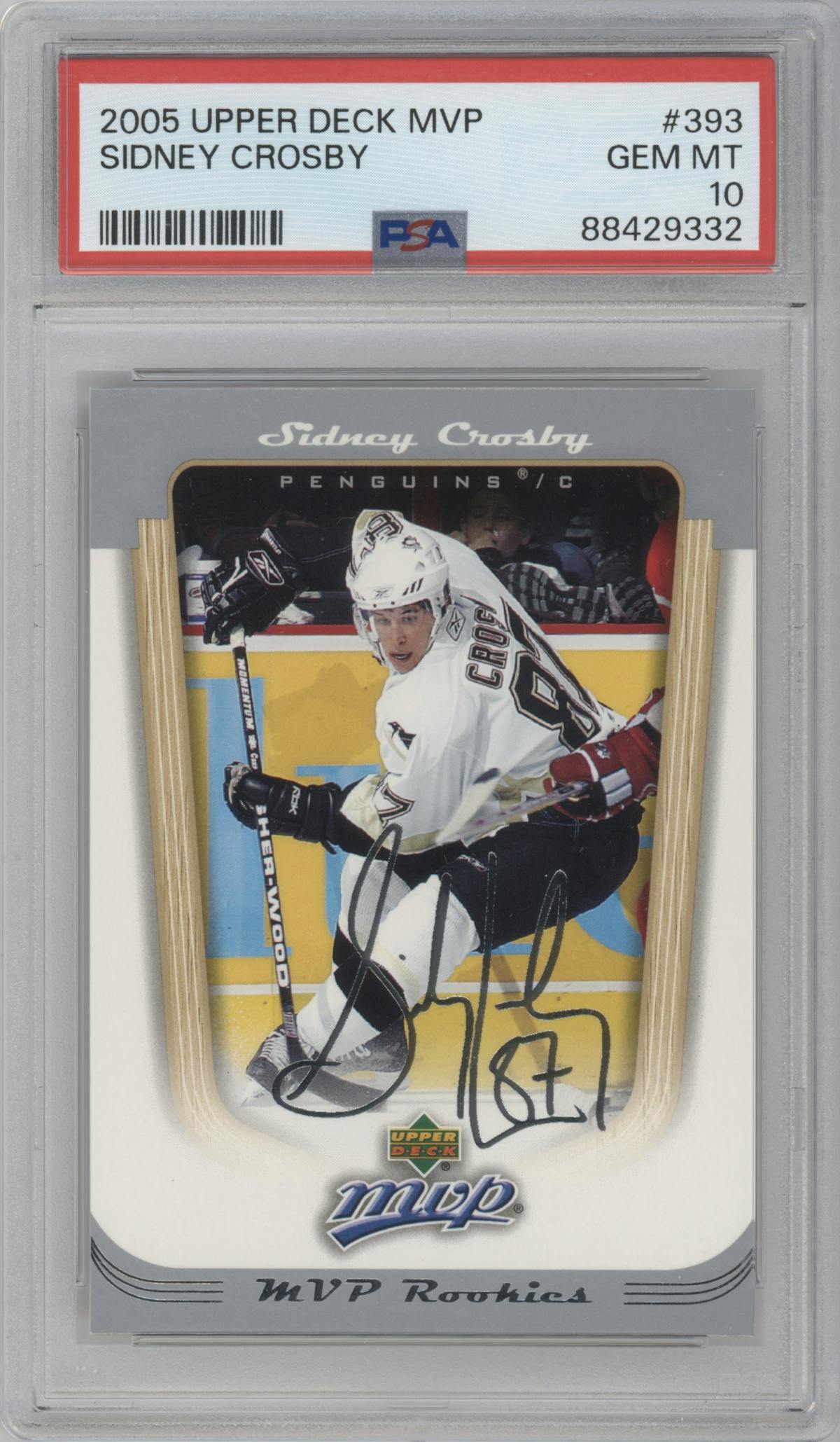 Sidney Crosby from the 2005-06 Upper Deck MVP set graded by PSA and given an overall grade of 10.