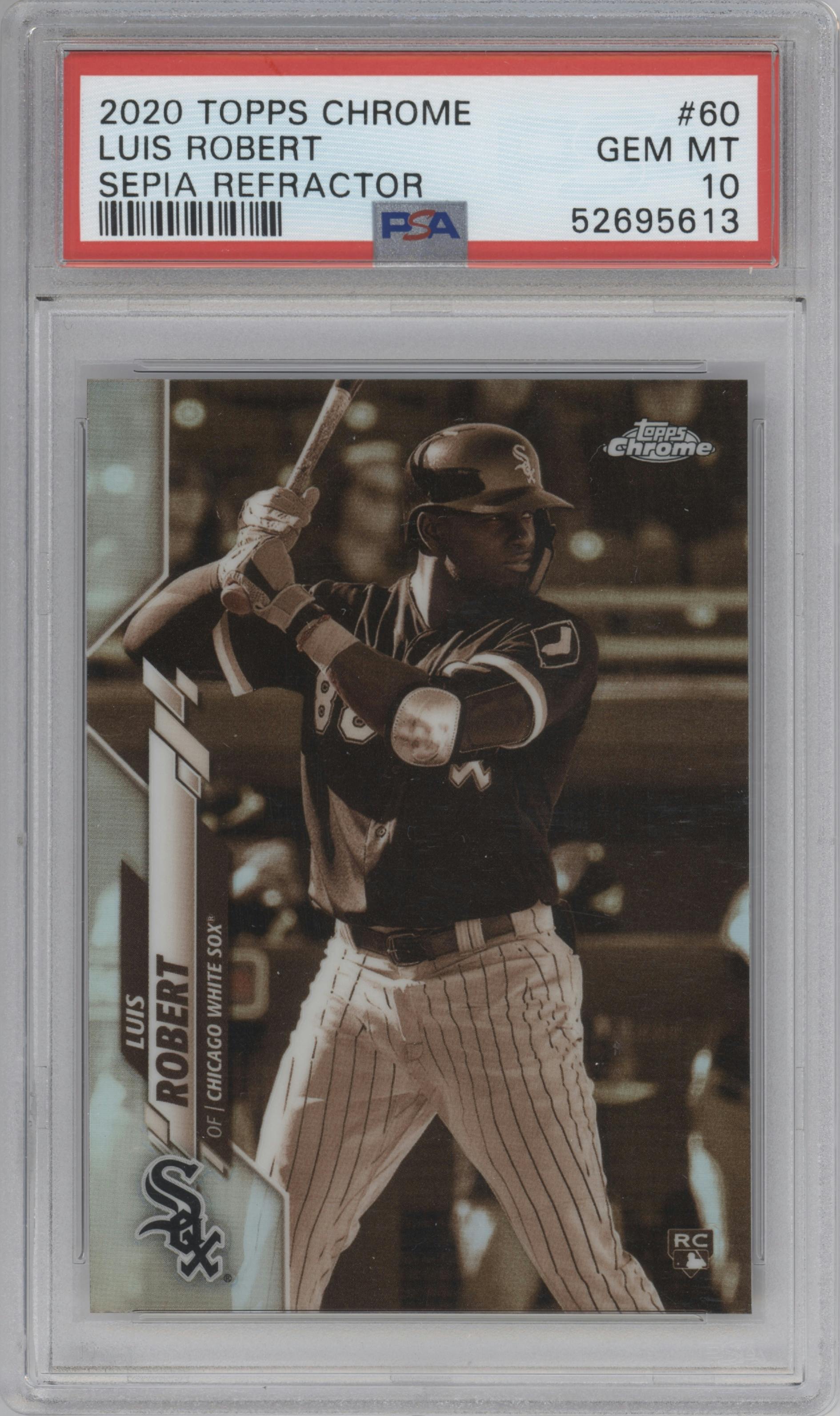 Luis Robert from the 2020 Topps Chrome set featuring a Sepia Refractor parallel graded by PSA and given an overall grade of 10.