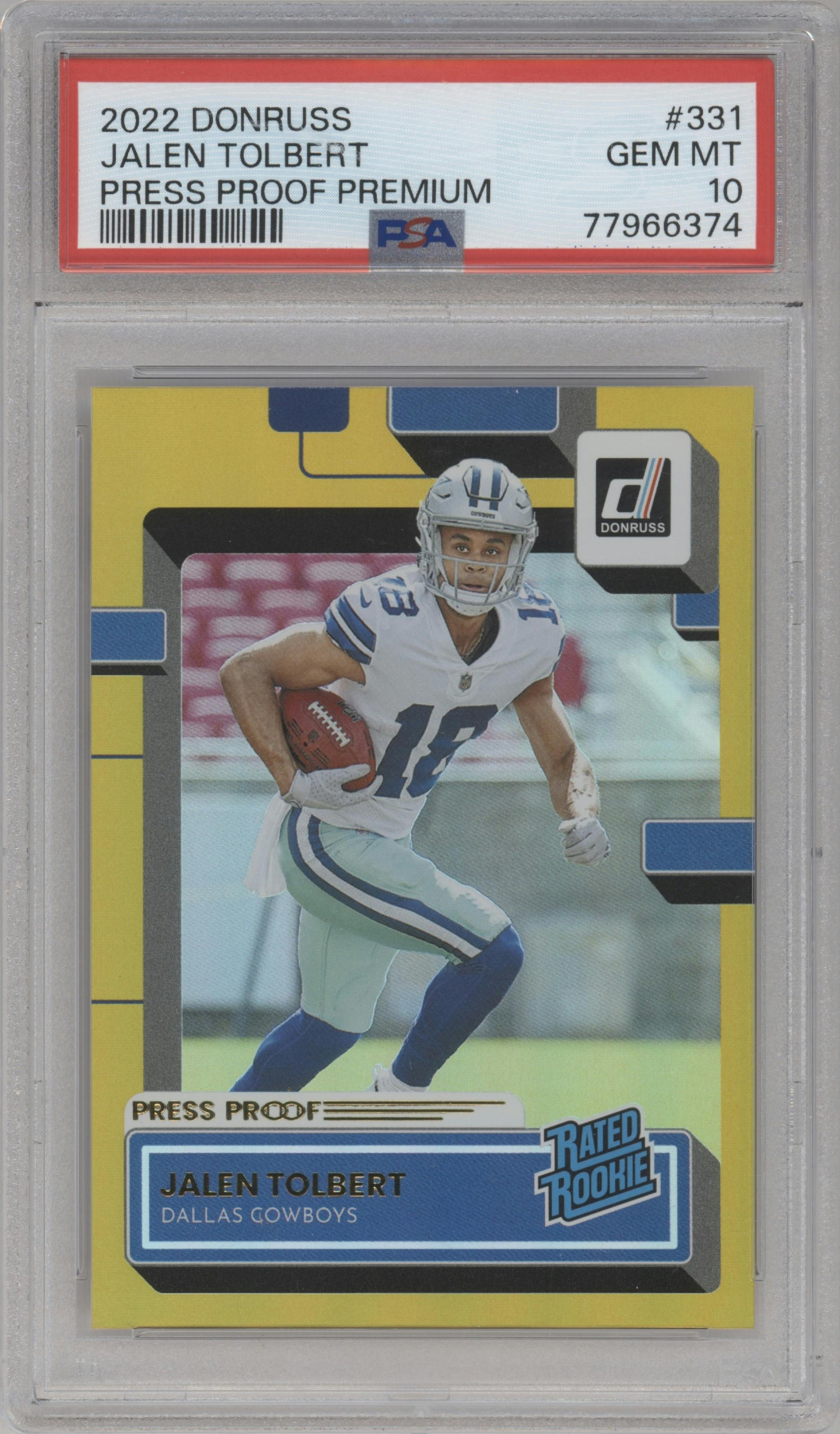 Jalen Tolbert from the 2022 Panini Donruss set featuring a Press Proof Premium parallel graded by PSA and given an overall grade of 10.