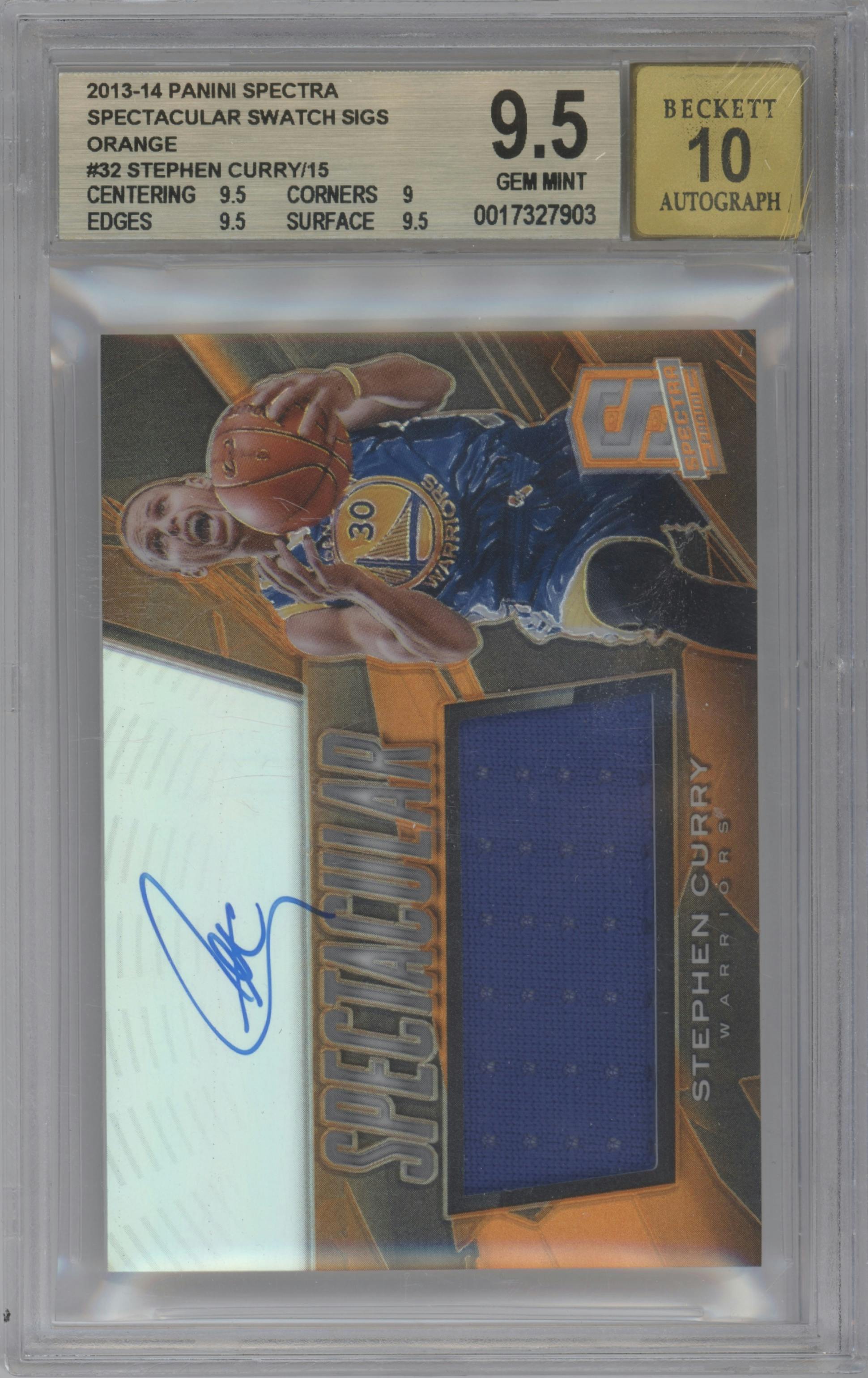 Stephen Curry from the 2013-14 Panini Spectra set featuring a Orange parallel graded by Beckett and given an overall grade of 9.5.