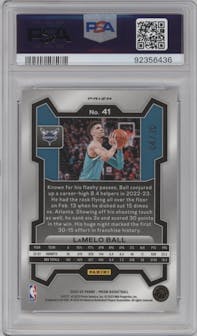 LaMelo Ball from the 2023-24 Panini Prizm set featuring a Choice Cherry Blossom parallel graded by PSA and given an overall grade of 10.