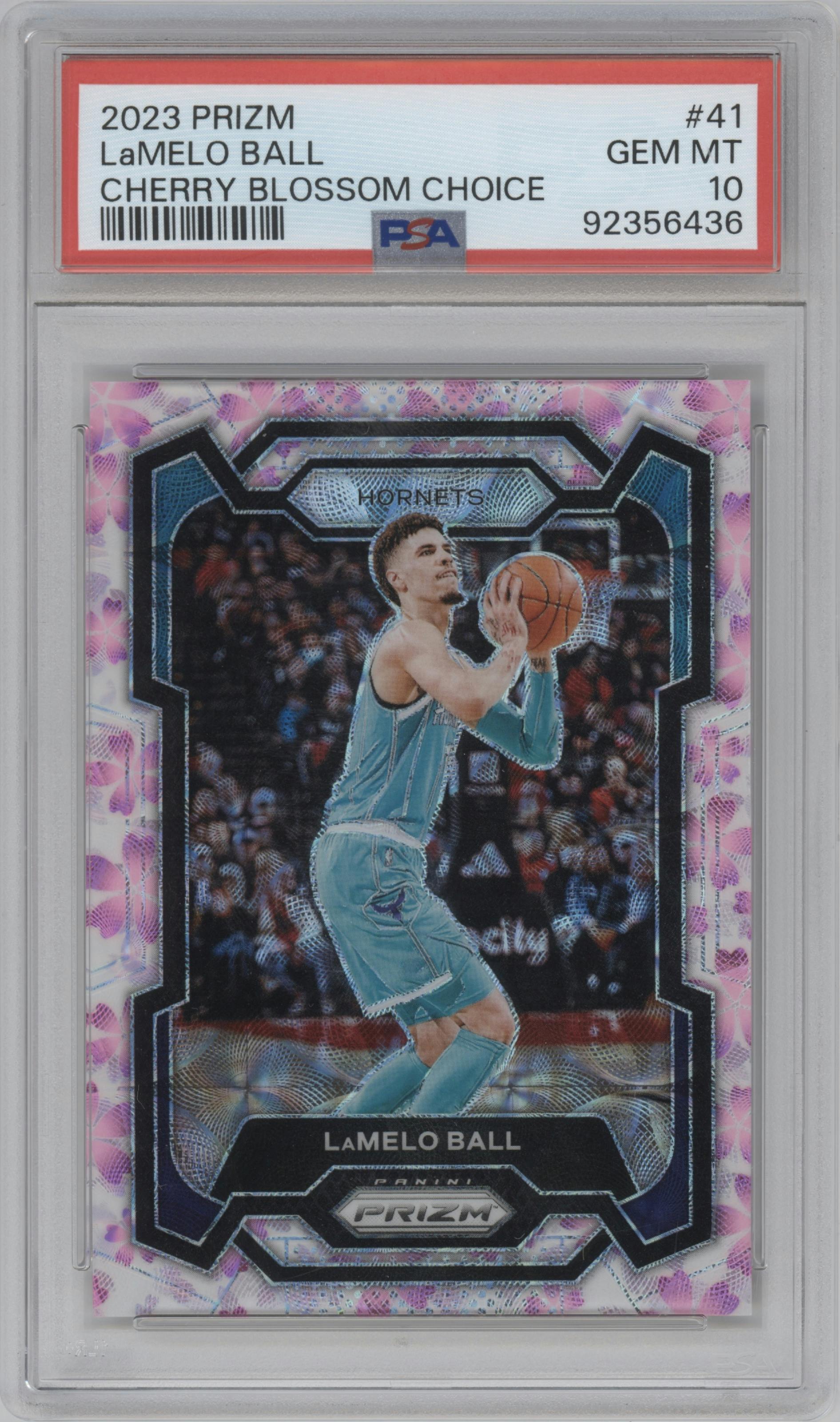 LaMelo Ball from the 2023-24 Panini Prizm set featuring a Choice Cherry Blossom parallel graded by PSA and given an overall grade of 10.