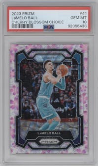 LaMelo Ball from the 2023-24 Panini Prizm set featuring a Choice Cherry Blossom parallel graded by PSA and given an overall grade of 10.