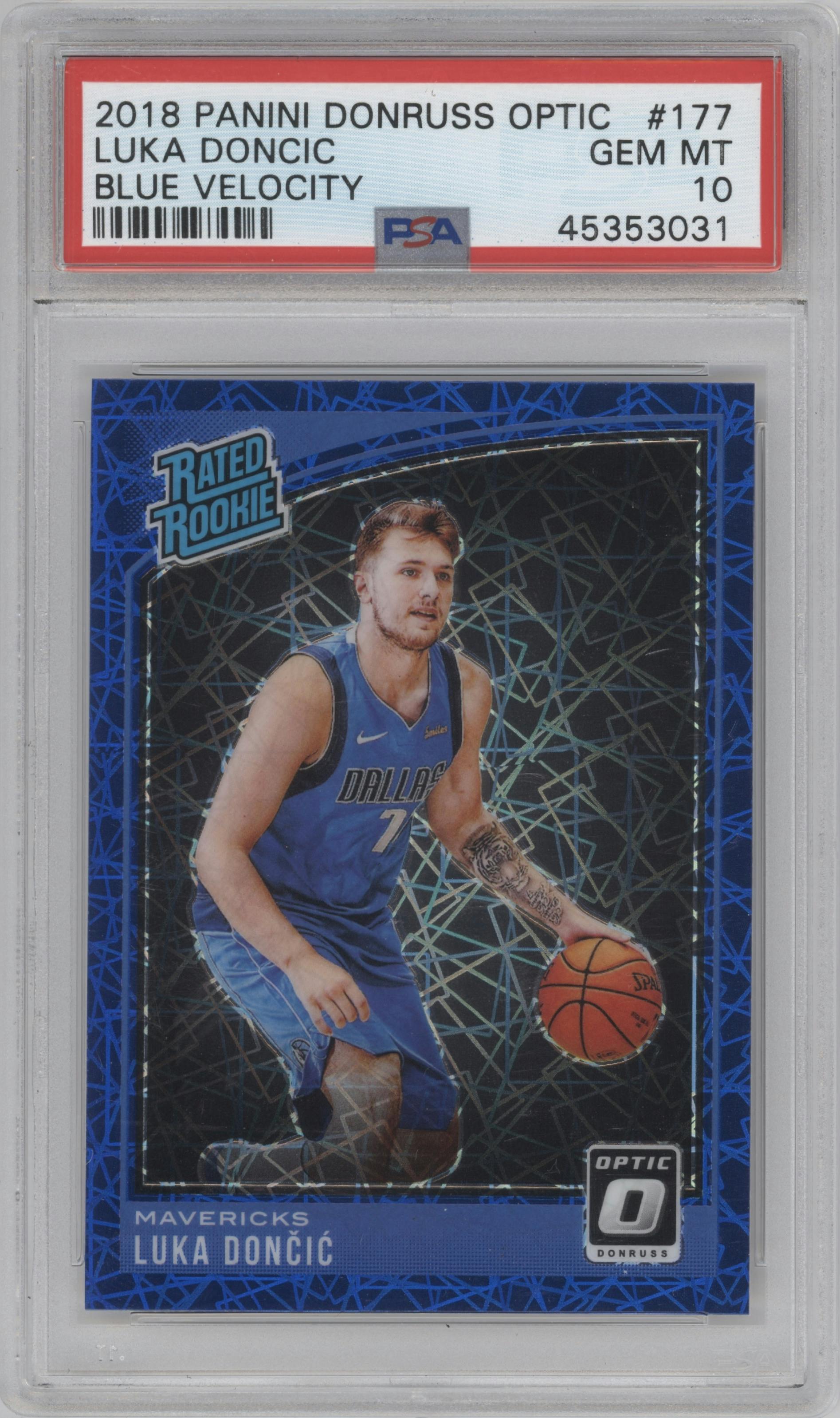 Luka Doncic from the 2018-19 Panini Donruss Optic set featuring a Blue Velocity parallel graded by PSA and given an overall grade of 10.