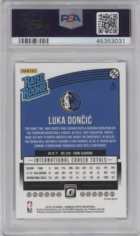 Luka Doncic from the 2018-19 Panini Donruss Optic set featuring a Blue Velocity parallel graded by PSA and given an overall grade of 10.