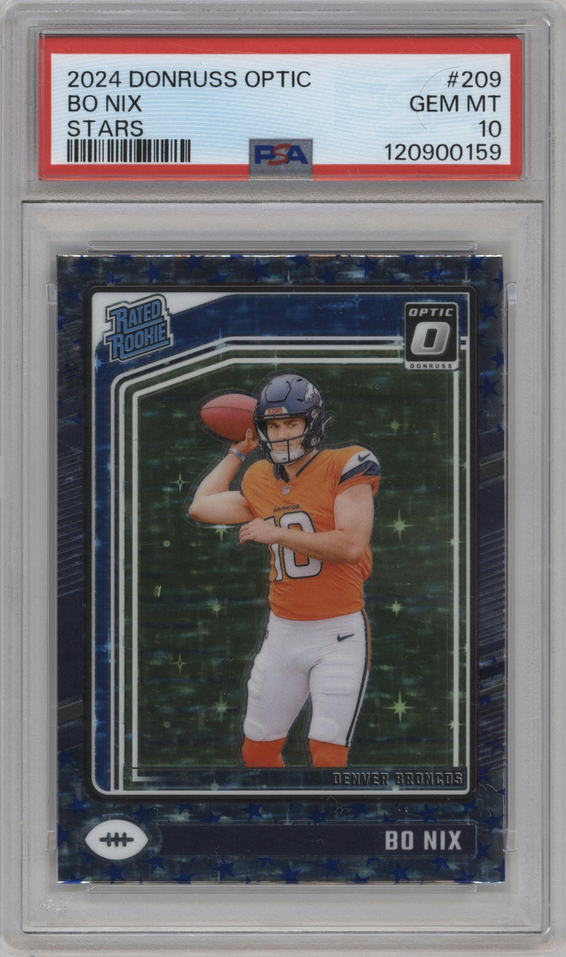 Bo Nix from the 2024 Donruss Optic set featuring a Stars parallel graded by PSA and given an overall grade of 10.