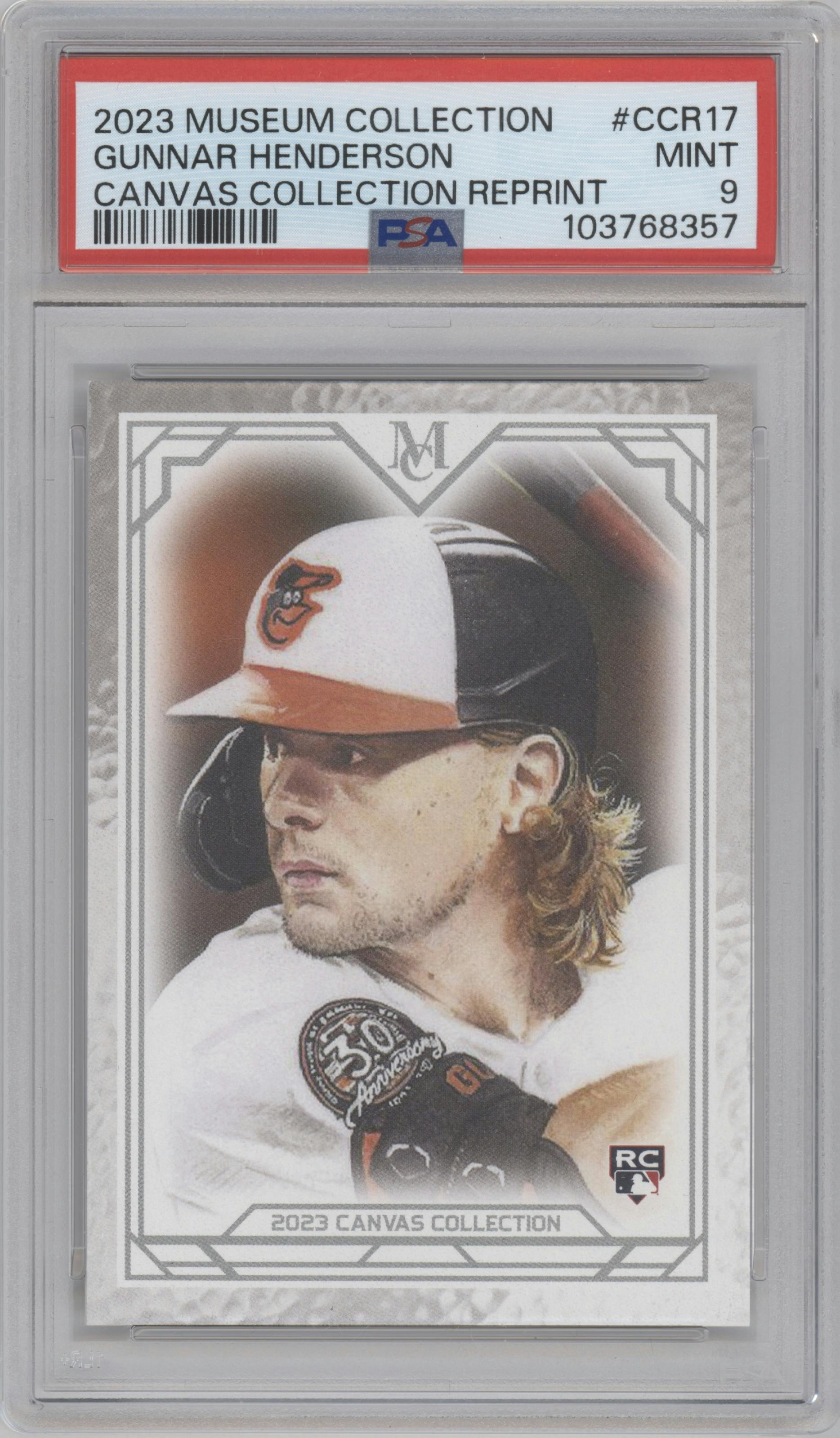 Gunnar Henderson  from the 2023 Topps Museum Collection set graded by PSA and given an overall grade of 9.