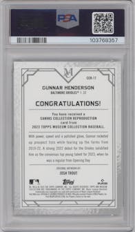Gunnar Henderson  from the 2023 Topps Museum Collection set graded by PSA and given an overall grade of 9.