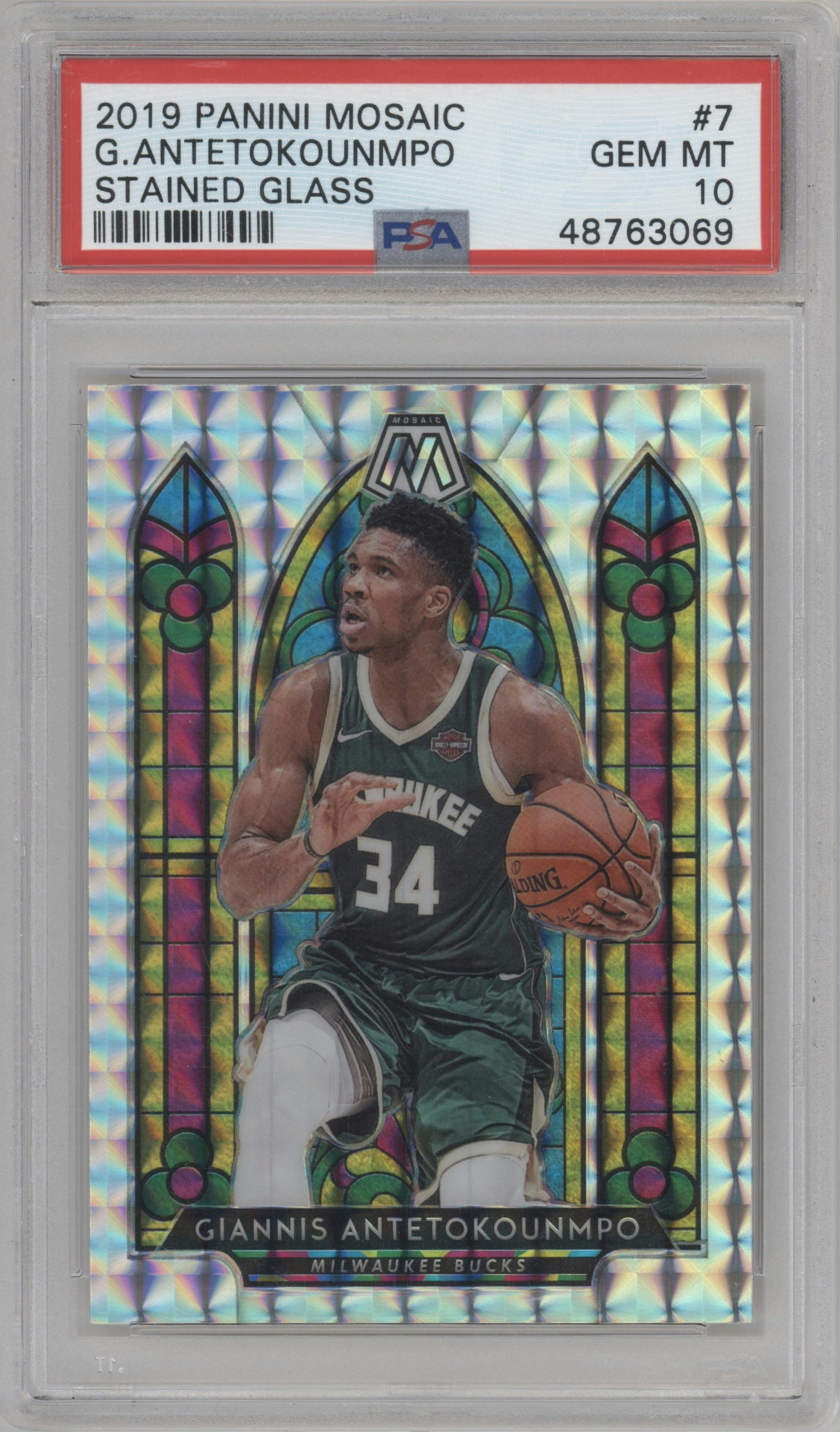 Giannis Antetokounmpo from the 2019-20 Panini Mosaic  set graded by PSA and given an overall grade of 10.