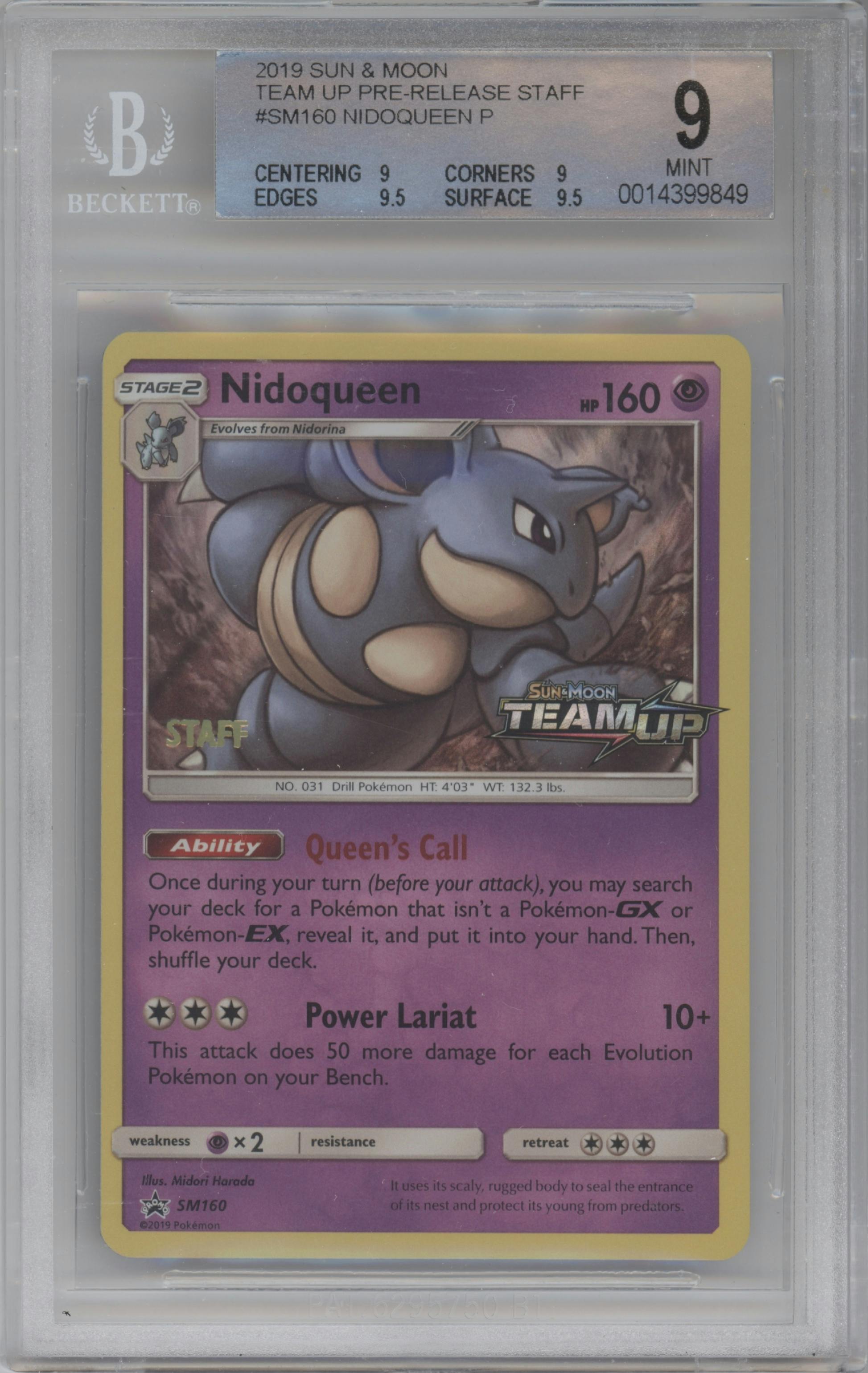 Nidoqueen from the 2019 Pokemon S&M  set featuring a Team UP Staff parallel graded by Beckett and given an overall grade of 9.