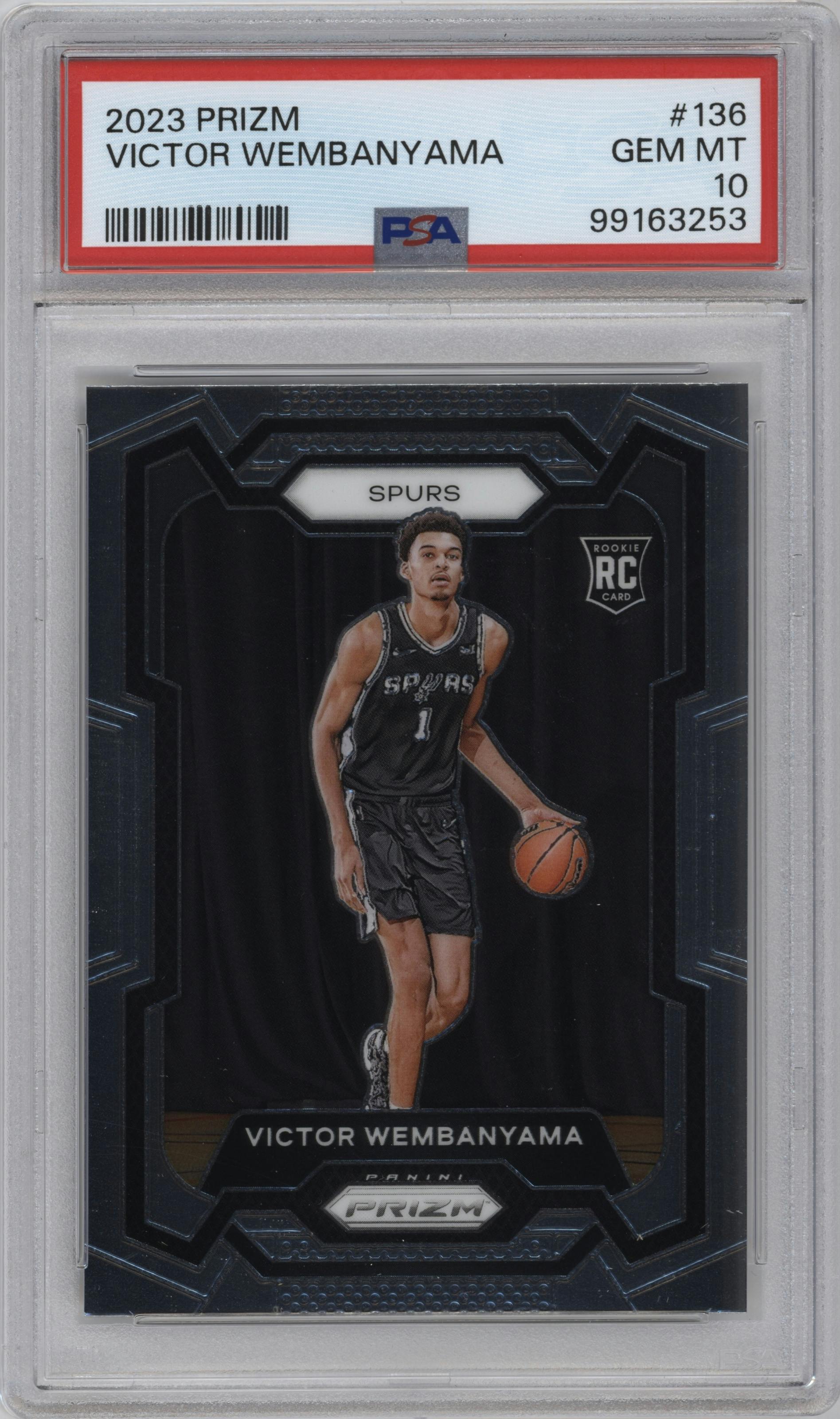 Victor Wembanyama from the 2023-24 Panini Prizm set graded by PSA and given an overall grade of 10.