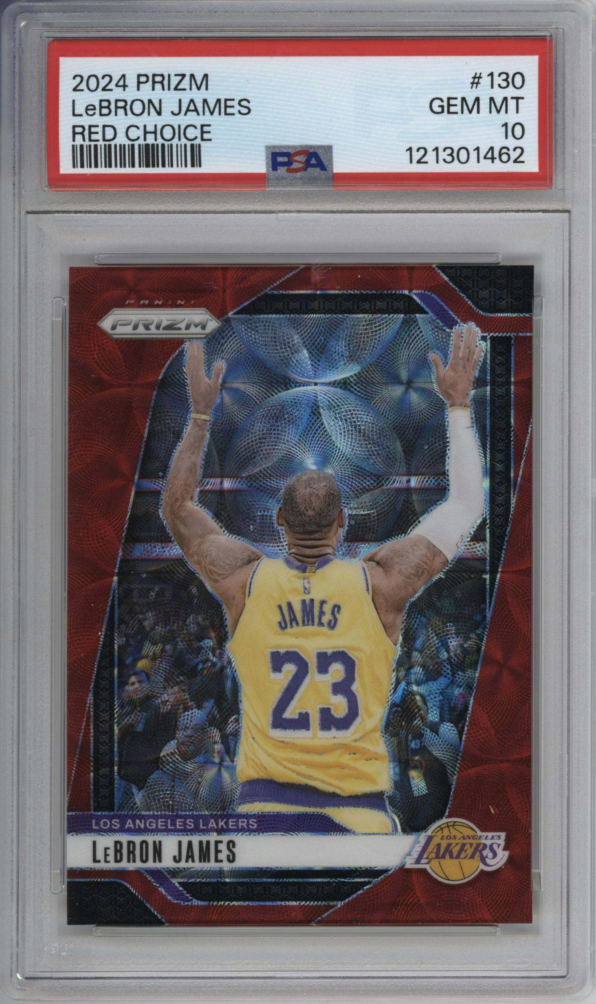 LeBron James from the 2024-25 Panini Prizm set featuring a Choice Red parallel graded by PSA and given an overall grade of 10.