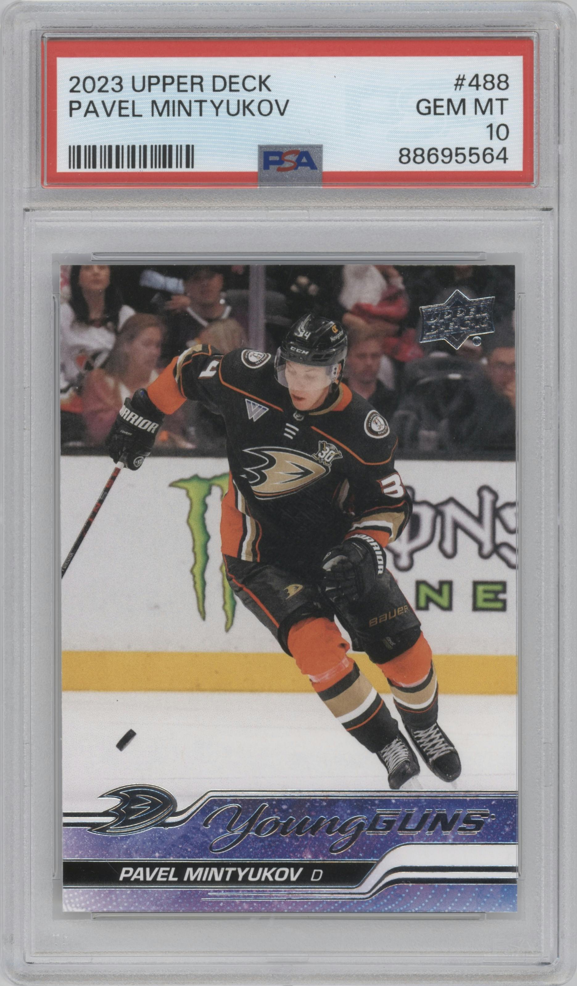 Pavel Mintyukov from the 2023-24 Upper Deck Series 2 set graded by PSA and given an overall grade of 10.