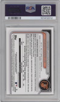 Stiven Martinez from the 2024 Bowman Chrome set featuring a Green Refractor parallel graded by PSA and given an overall grade of 8.