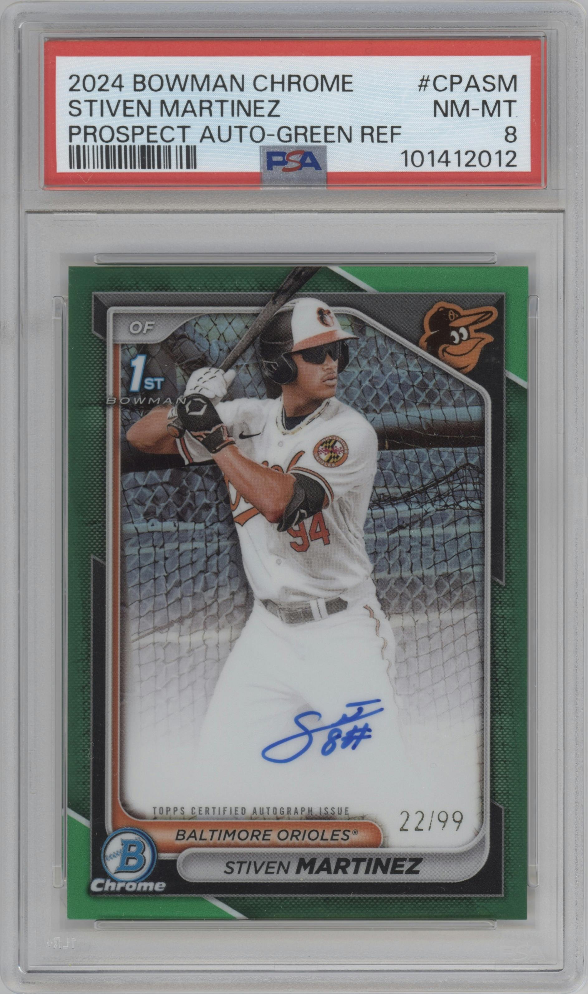 Stiven Martinez from the 2024 Bowman Chrome set featuring a Green Refractor parallel graded by PSA and given an overall grade of 8.