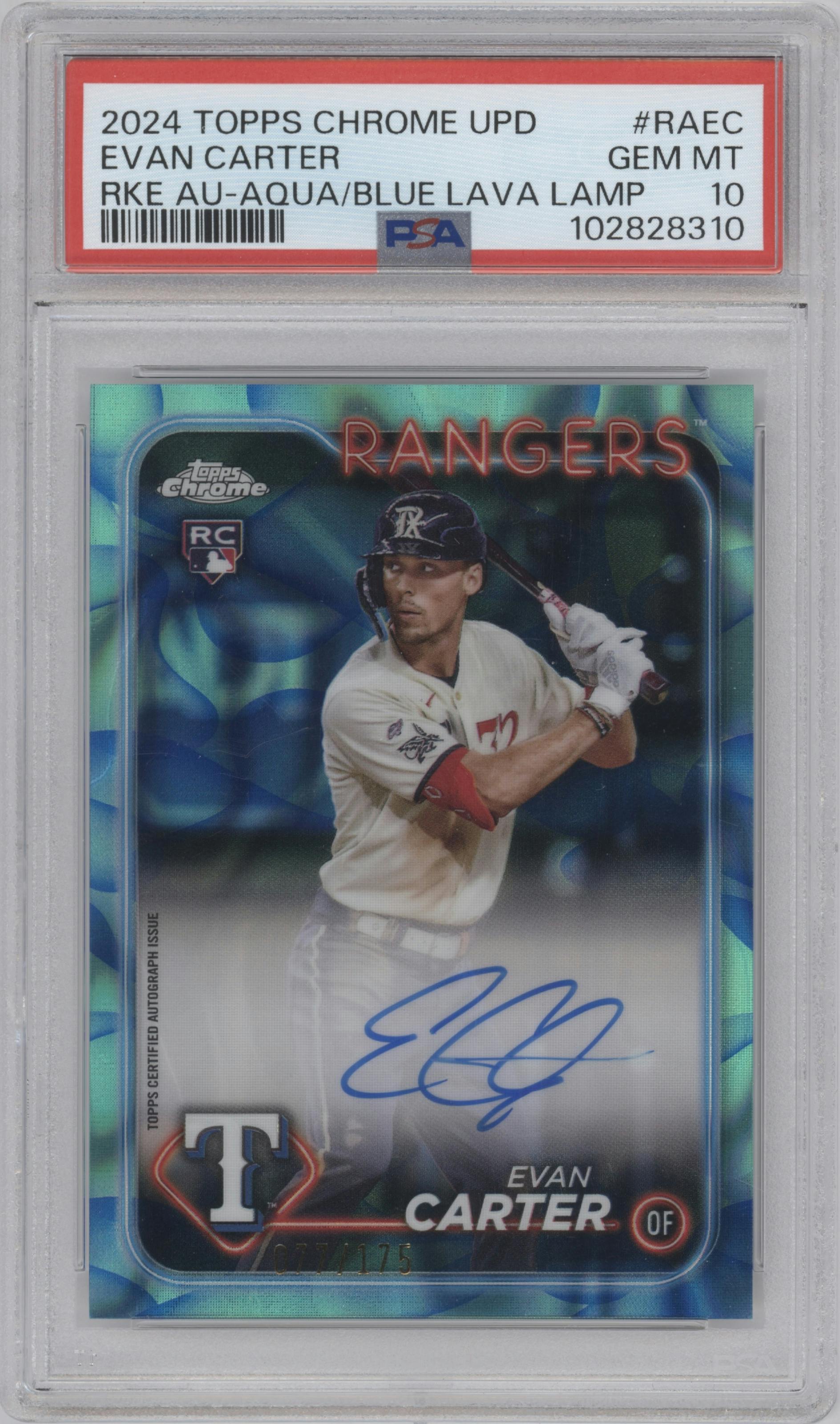Evan Carter from the 2024 Topps Chrome Update set featuring a Lava Lamp Aqua / Blue Refractors parallel graded by PSA and given an overall grade of 10.