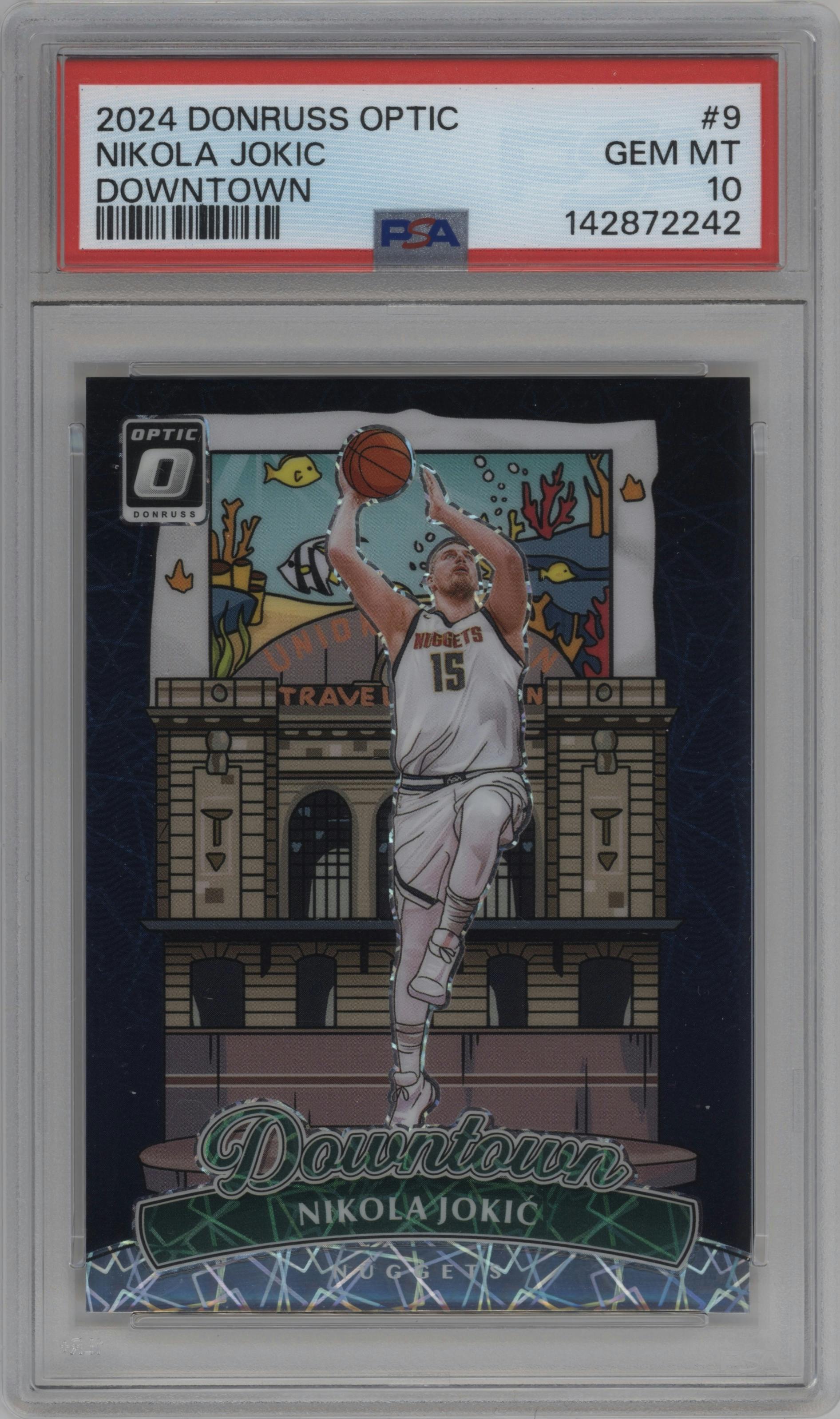 Nikola Jokic from the 2024-25 Donruss Optic set graded by PSA and given an overall grade of 10.