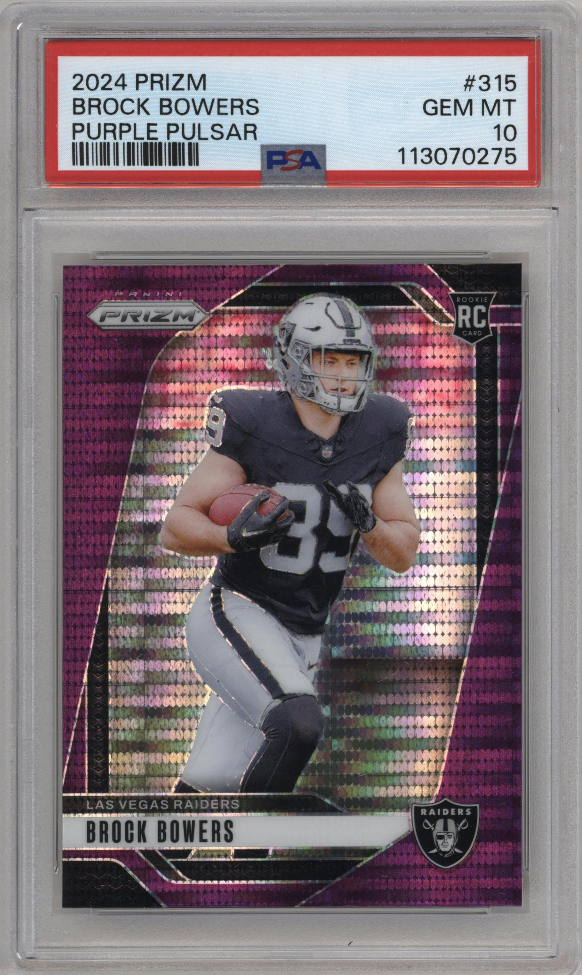 Brock Bowers from the 2024 Panini Prizm set featuring a Purple Pulsar parallel graded by PSA and given an overall grade of 10.
