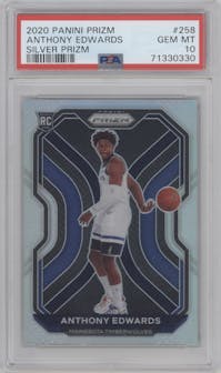 Anthony Edwards from the 2020-21 Panini Prizm set featuring a Silver Prizm parallel graded by PSA and given an overall grade of 10.
