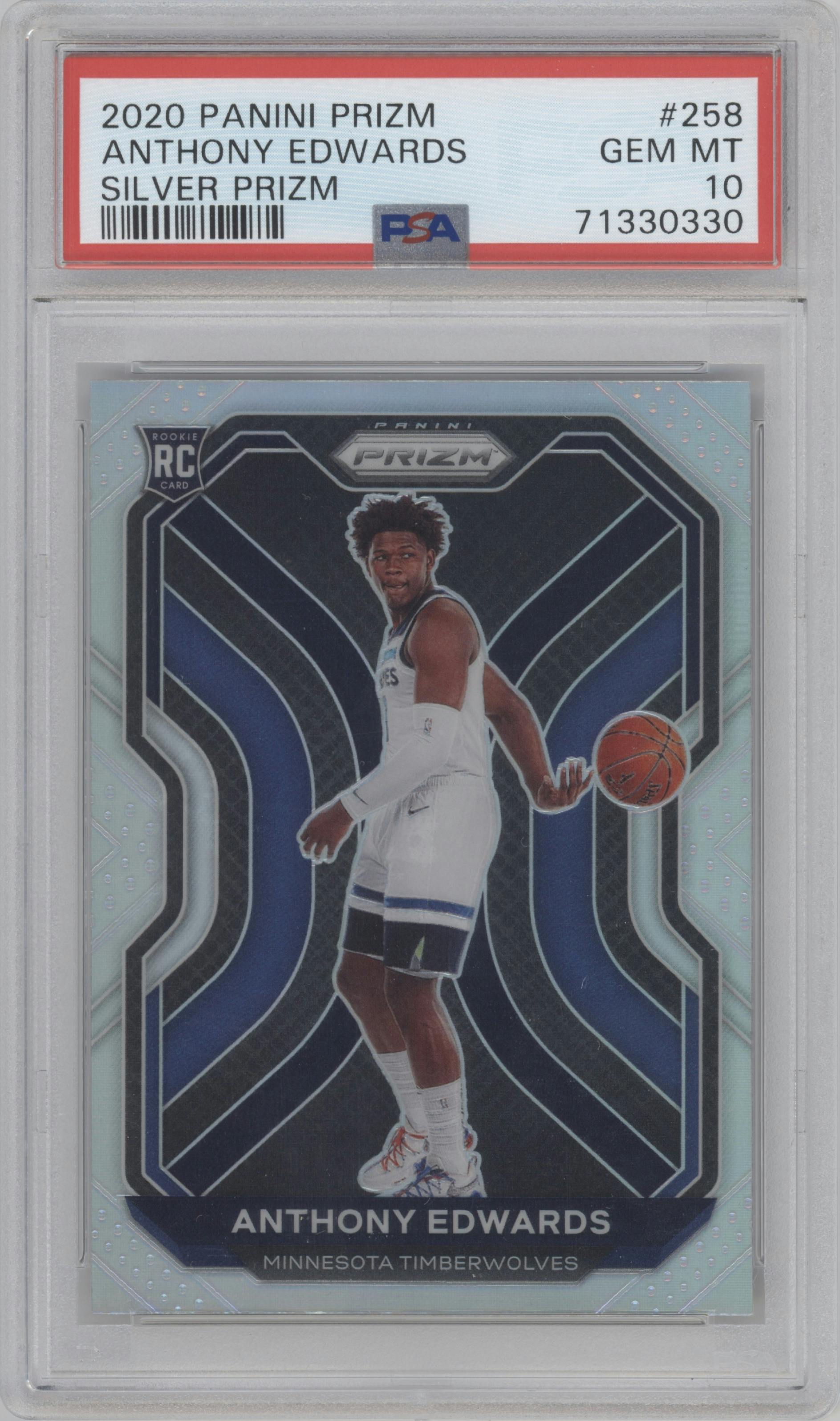 Anthony Edwards from the 2020-21 Panini Prizm set featuring a Silver Prizm parallel graded by PSA and given an overall grade of 10.