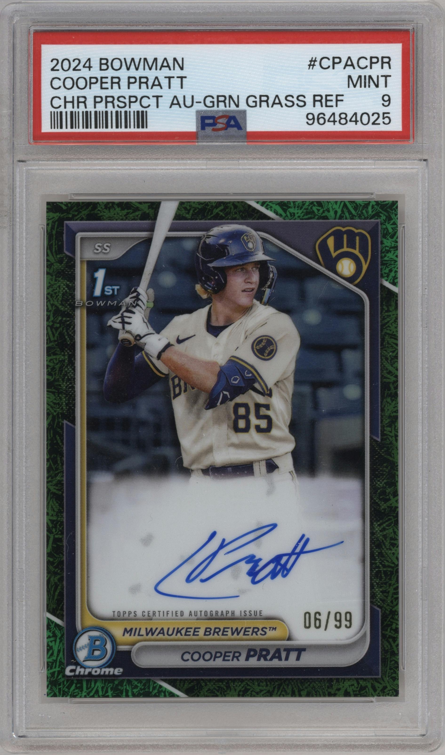 Cooper Pratt from the 2024 Bowman set featuring a Green Grass Refractor parallel graded by PSA and given an overall grade of 9.