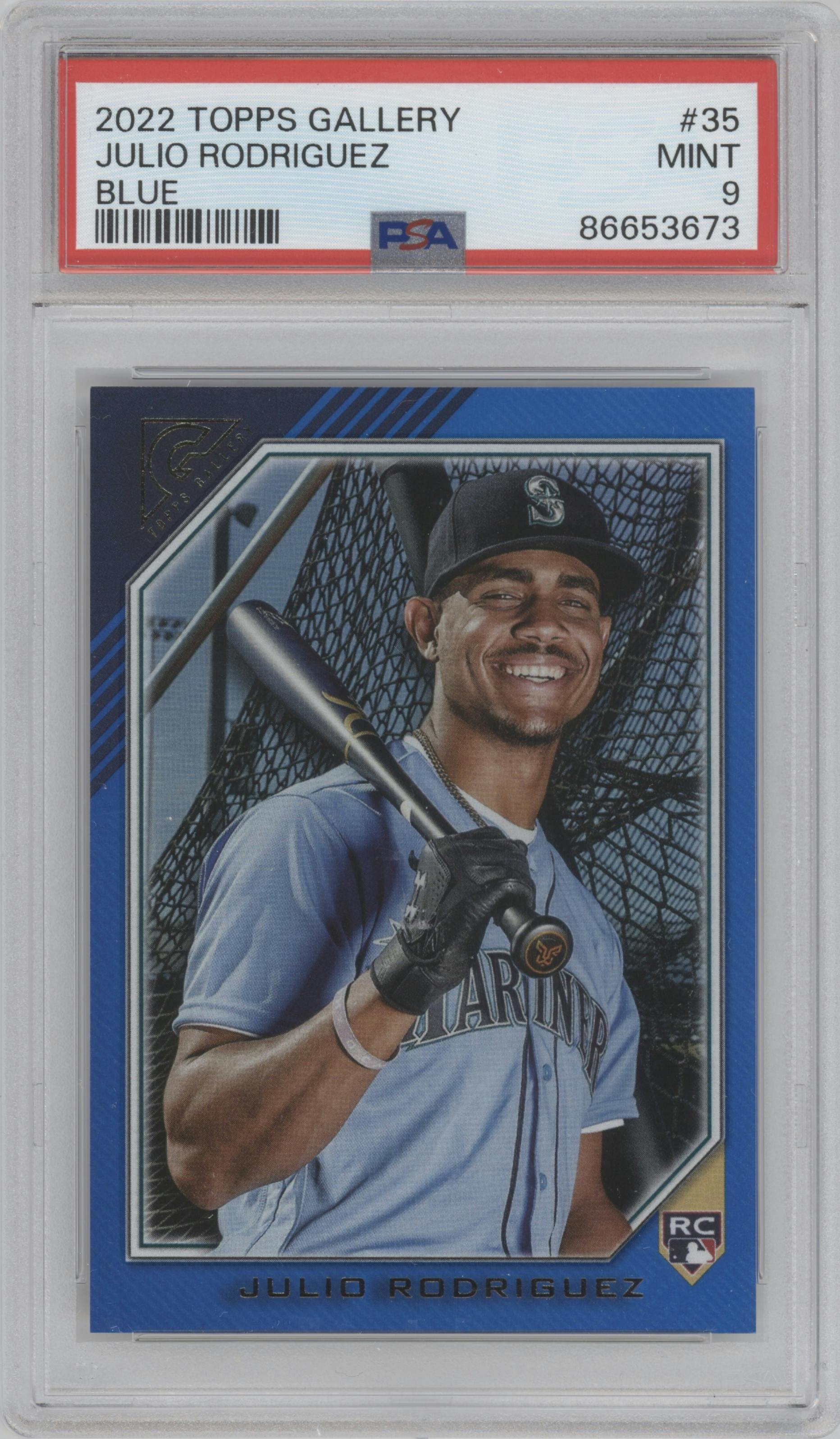 Julio Rodriguez from the 2022 Topps Gallery set featuring a Blue parallel graded by PSA and given an overall grade of 9.