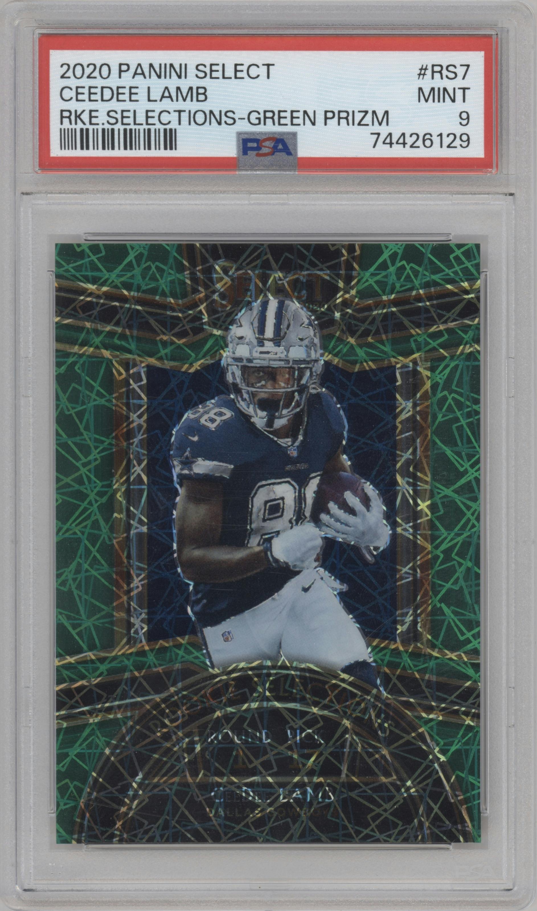 CeeDee Lamb from the 2020 Panini Select set featuring a Green Prizm parallel graded by PSA and given an overall grade of 9.