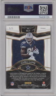 CeeDee Lamb from the 2020 Panini Select set featuring a Green Prizm parallel graded by PSA and given an overall grade of 9.