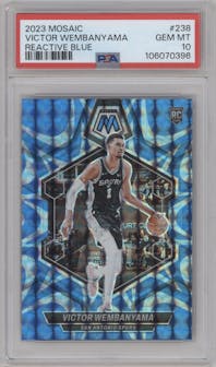 Victor Wembanyama from the 2023-24 Panini Mosaic set featuring a Reactive Blue parallel graded by PSA and given an overall grade of 10.