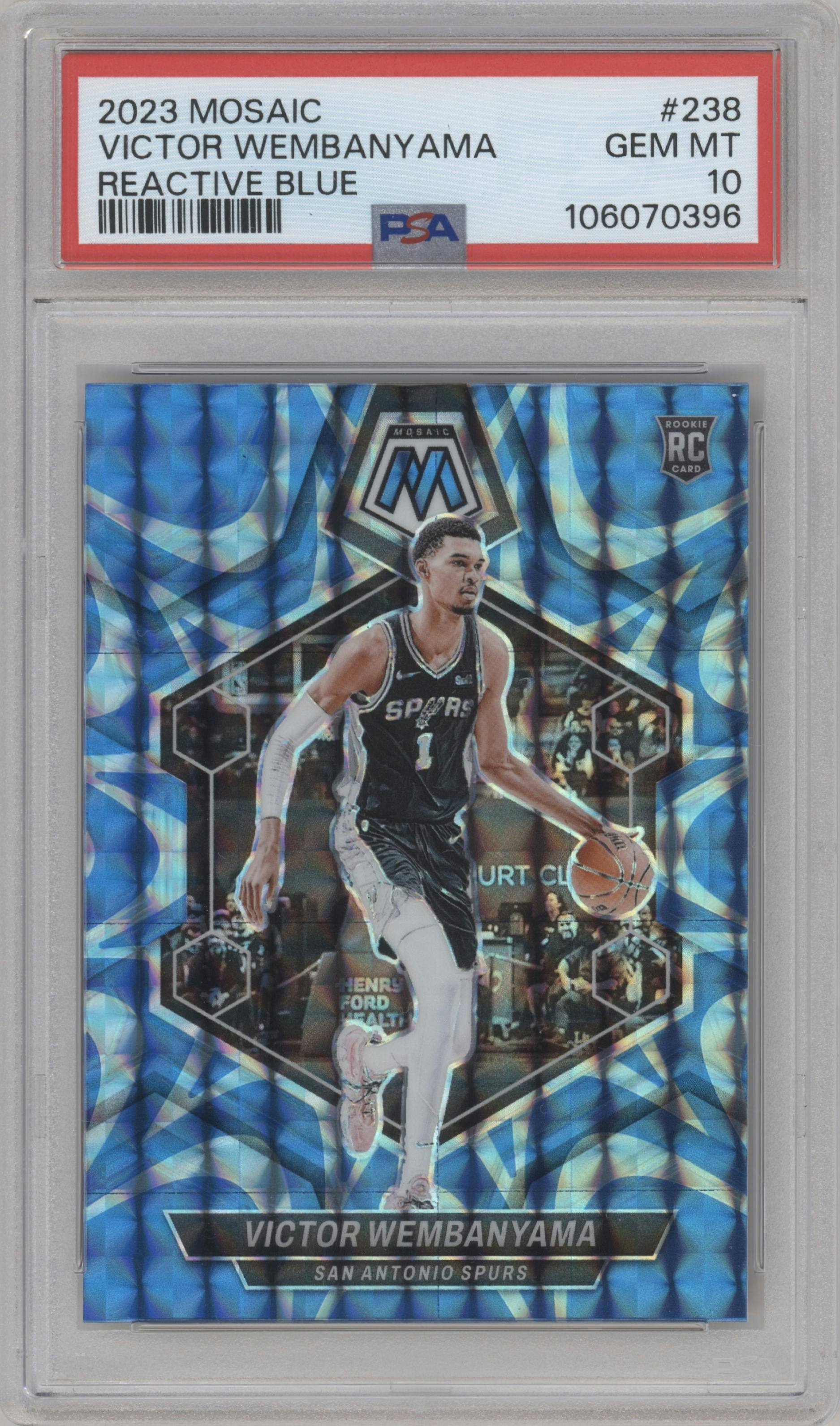 Victor Wembanyama from the 2023-24 Panini Mosaic set featuring a Reactive Blue parallel graded by PSA and given an overall grade of 10.