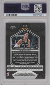 Victor Wembanyama from the 2023-24 Panini Mosaic set featuring a Reactive Blue parallel graded by PSA and given an overall grade of 10.