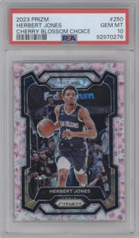 Herbert Jones from the 2023-24 Panini Prizm set featuring a Choice Cherry Blossom parallel graded by PSA and given an overall grade of 10.