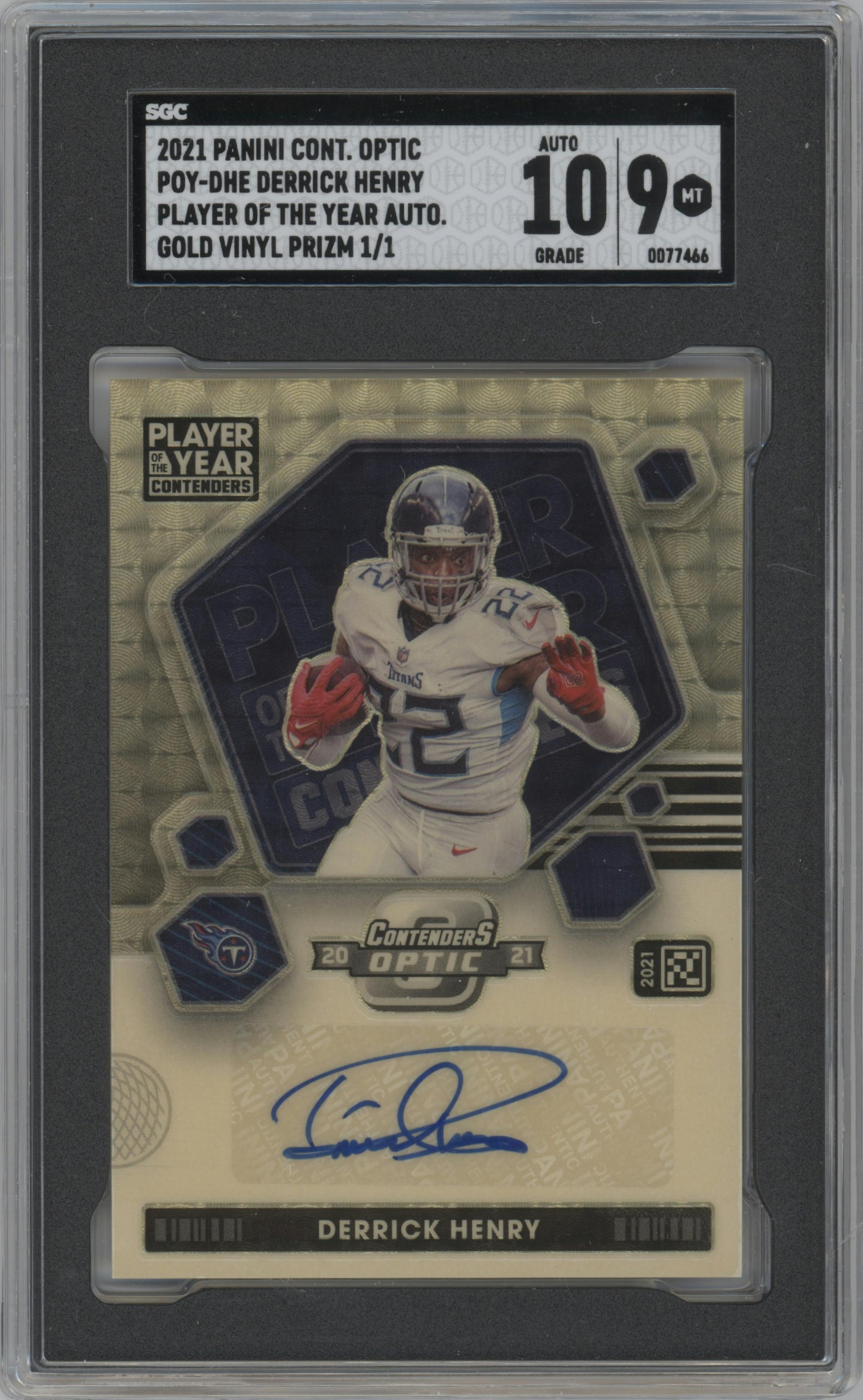 Derrick Henry from the 2021 Panini Contenders Optic set featuring a Gold Vinyl parallel graded by SGC and given an overall grade of 9.