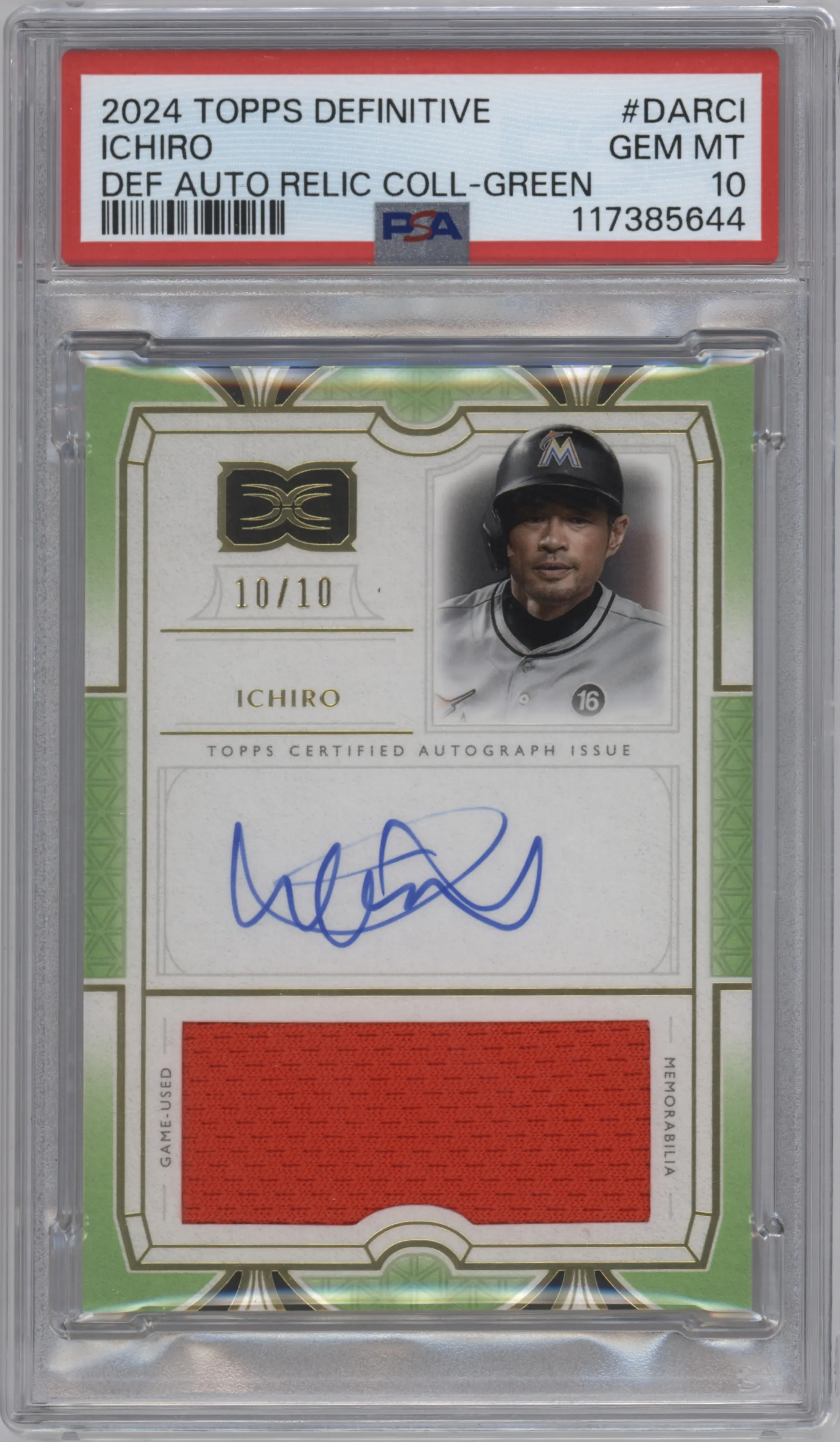 2024 Topps Definitive Collection Auto Rlc. Ichiro Green PSA 10
