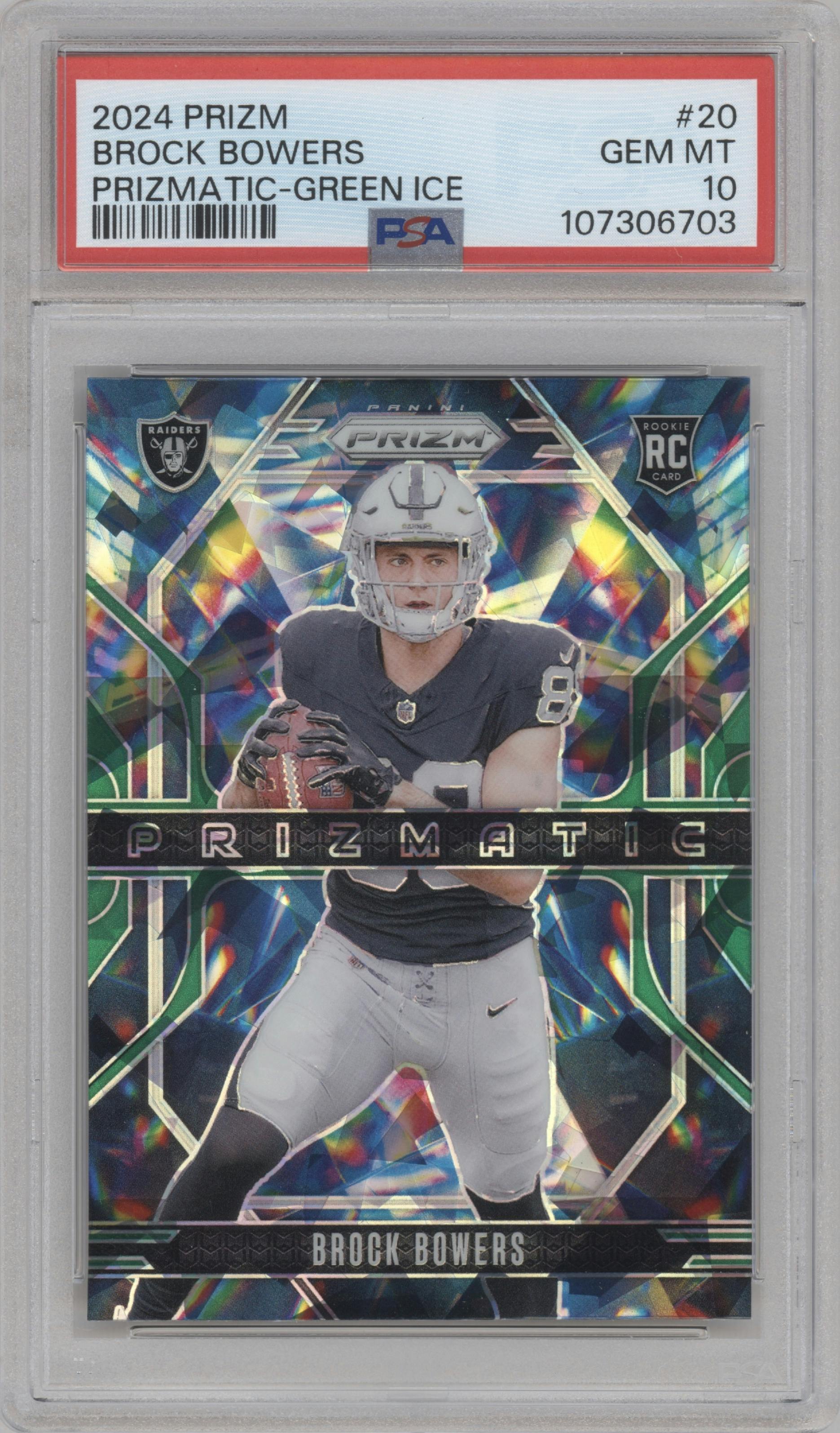 Brock Bowers from the 2024 Panini Prizm set featuring a Green Ice Prizm parallel graded by PSA and given an overall grade of 10.
