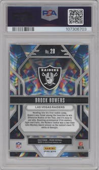 Brock Bowers from the 2024 Panini Prizm set featuring a Green Ice Prizm parallel graded by PSA and given an overall grade of 10.