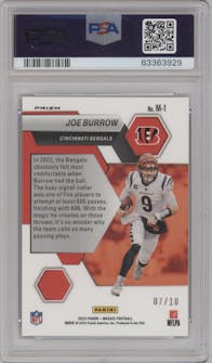Joe Burrow from the 2023 Panini Mosaic set featuring a Gold Mosaic parallel graded by PSA and given an overall grade of 10.