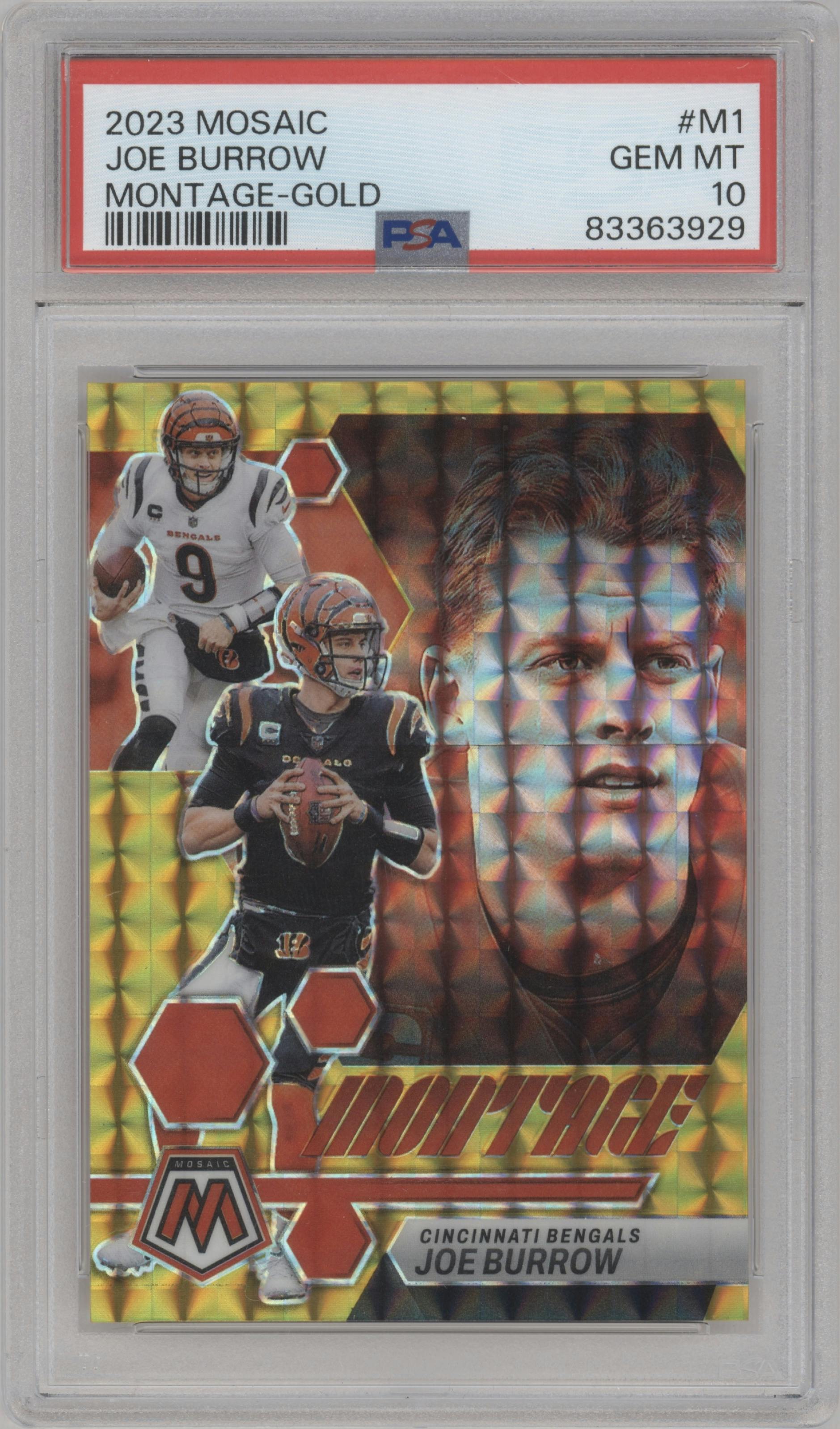 Joe Burrow from the 2023 Panini Mosaic set featuring a Gold Mosaic parallel graded by PSA and given an overall grade of 10.