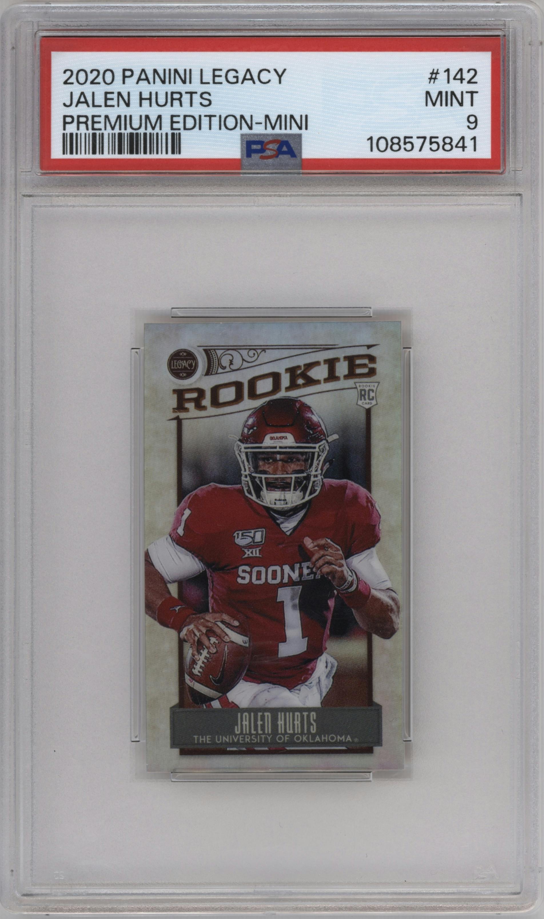 Jalen Hurts from the 2020 Panini Legacy set graded by PSA and given an overall grade of 9.