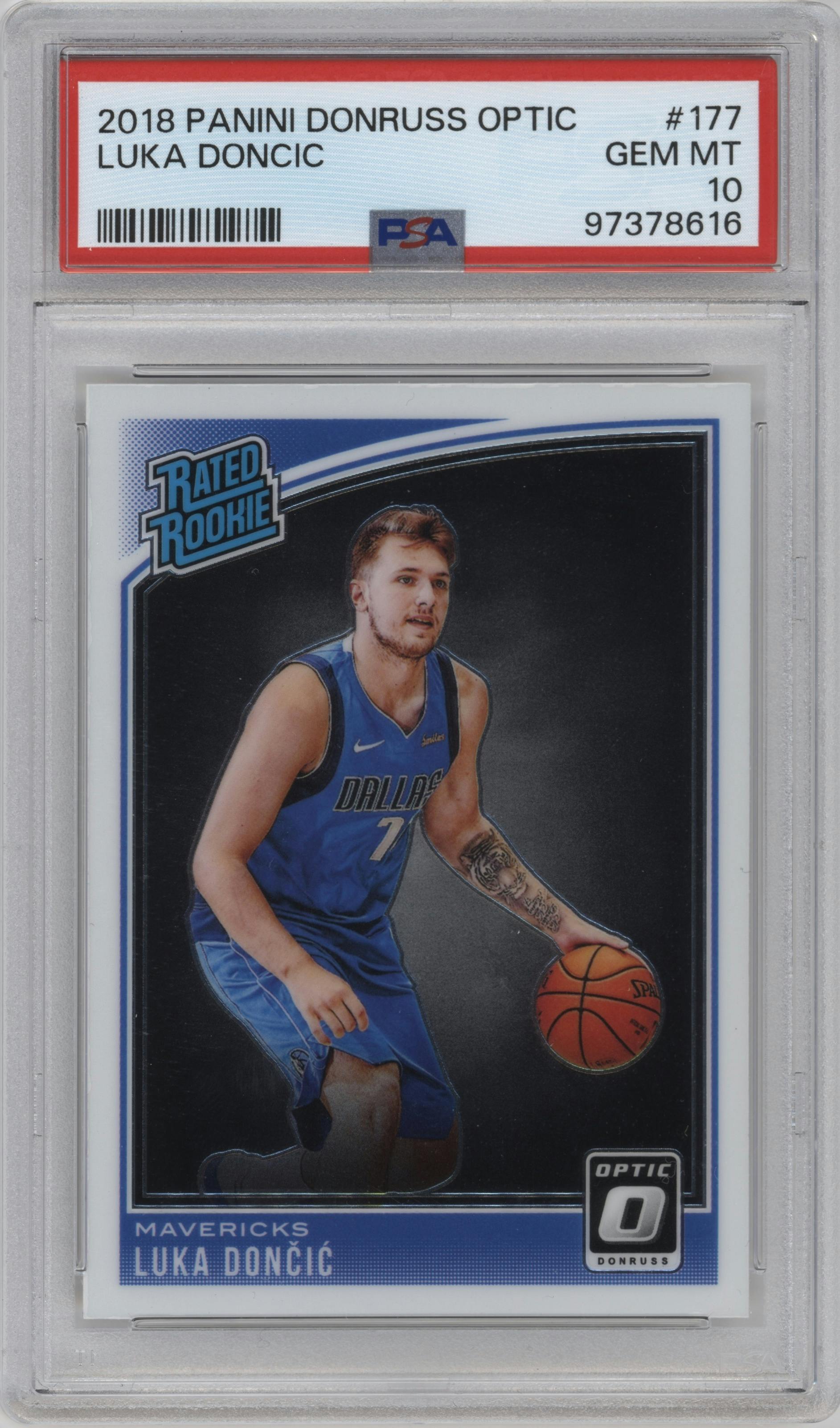 Luka Doncic from the 2018-19 Panini Donruss Optic set graded by PSA and given an overall grade of 10.