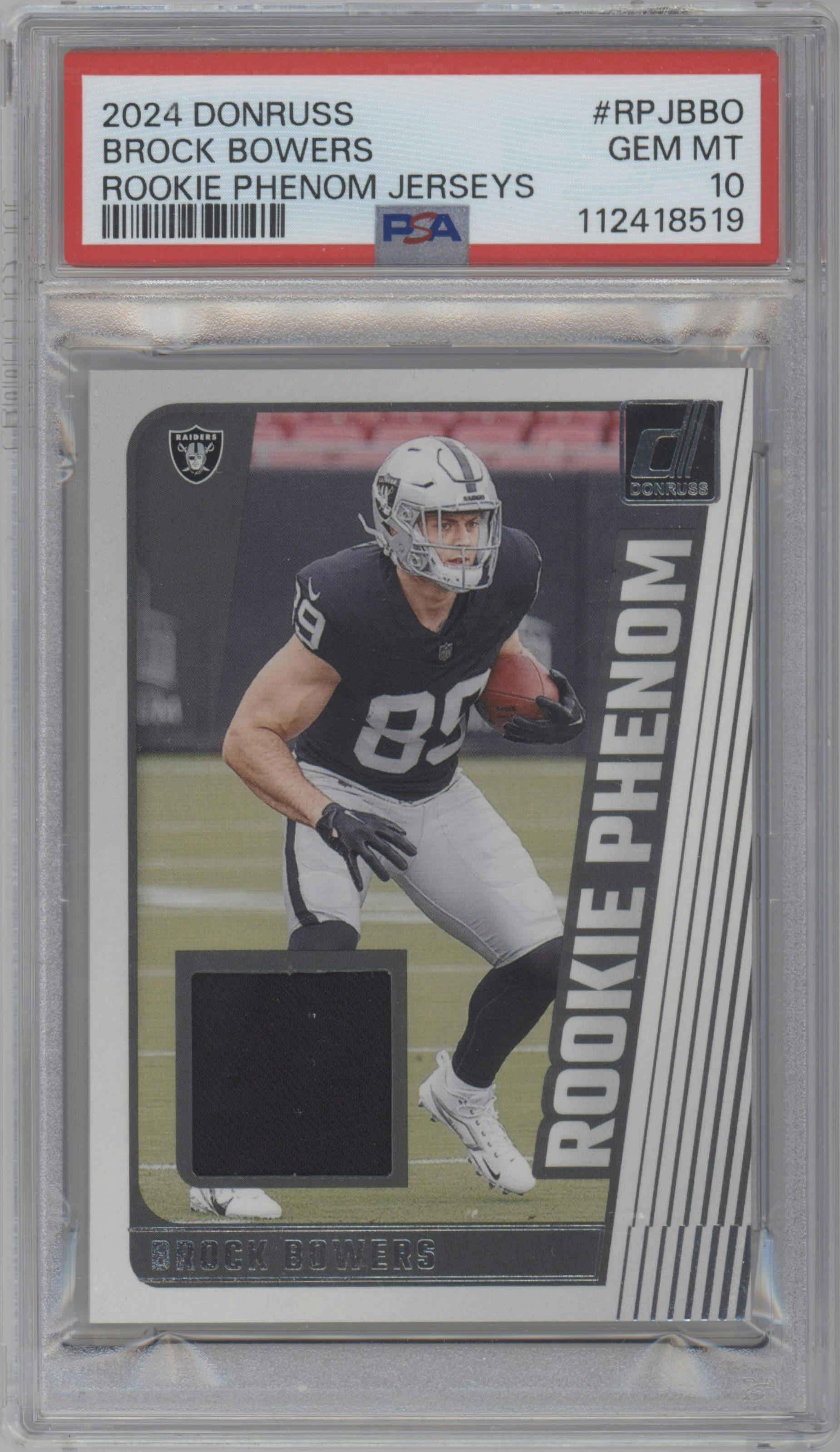 Brock Bowers from the 2024 Donruss set graded by PSA and given an overall grade of 10.