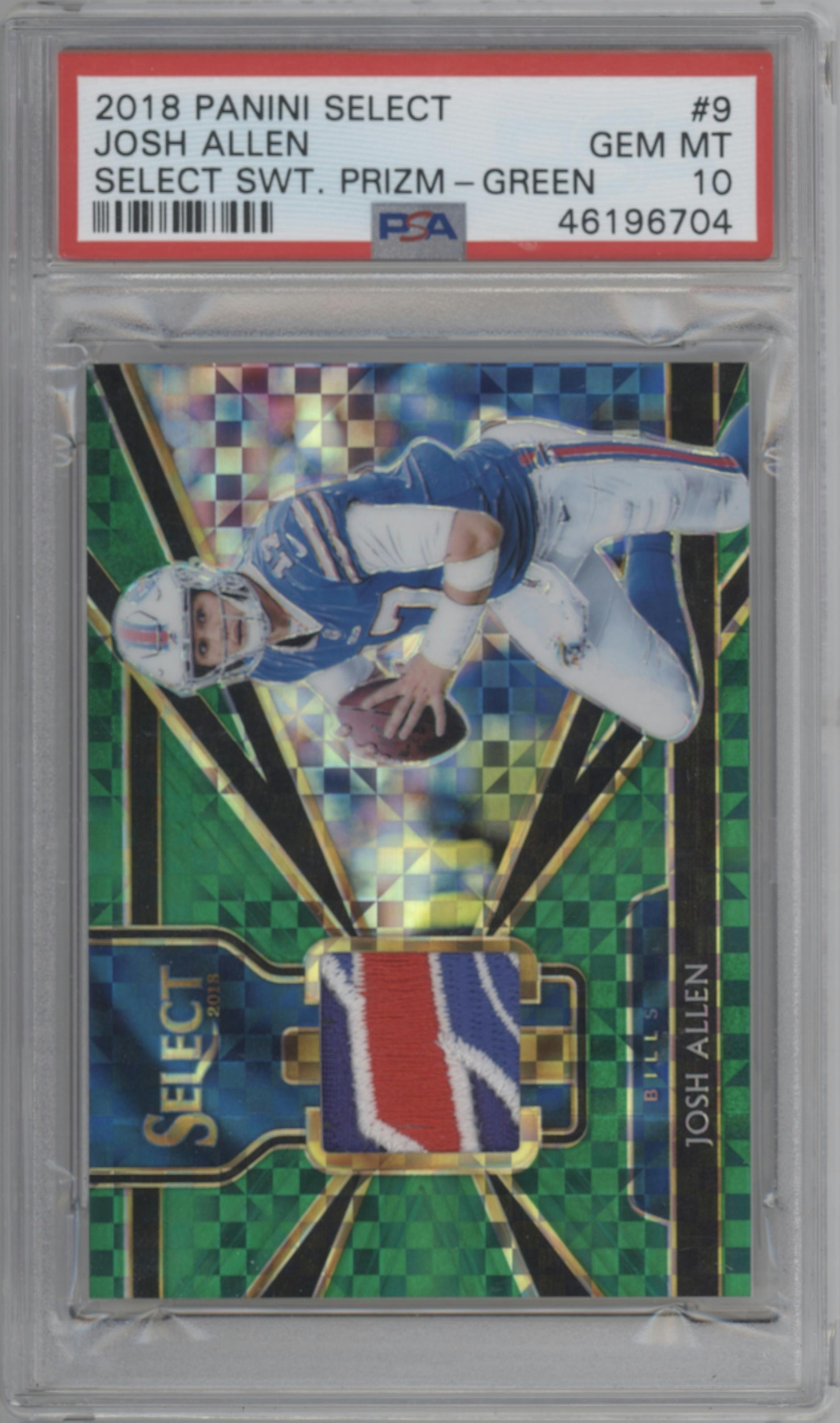 Josh Allen from the 2018 Panini Select set featuring a Green Prizm  parallel graded by PSA and given an overall grade of 10.