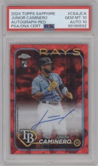 Junior Caminero from the 2024 Topps Chrome Sapphire set featuring a Red parallel graded by PSA and given an overall grade of 10.