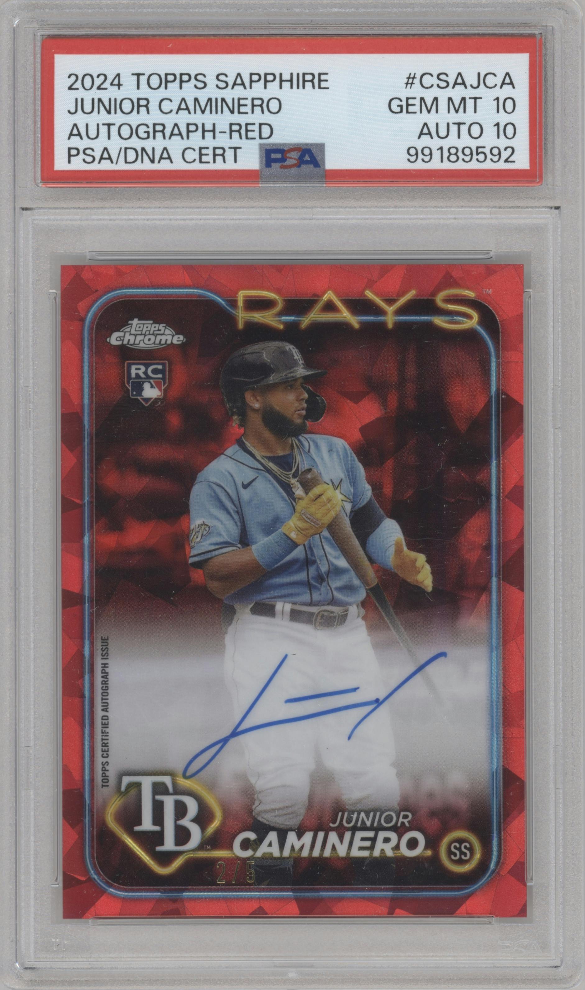 Junior Caminero from the 2024 Topps Chrome Sapphire set featuring a Red parallel graded by PSA and given an overall grade of 10.