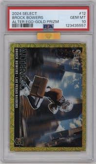 Brock Bowers from the 2024 Panini Select set featuring a Gold Prizm parallel graded by PSA and given an overall grade of 10.